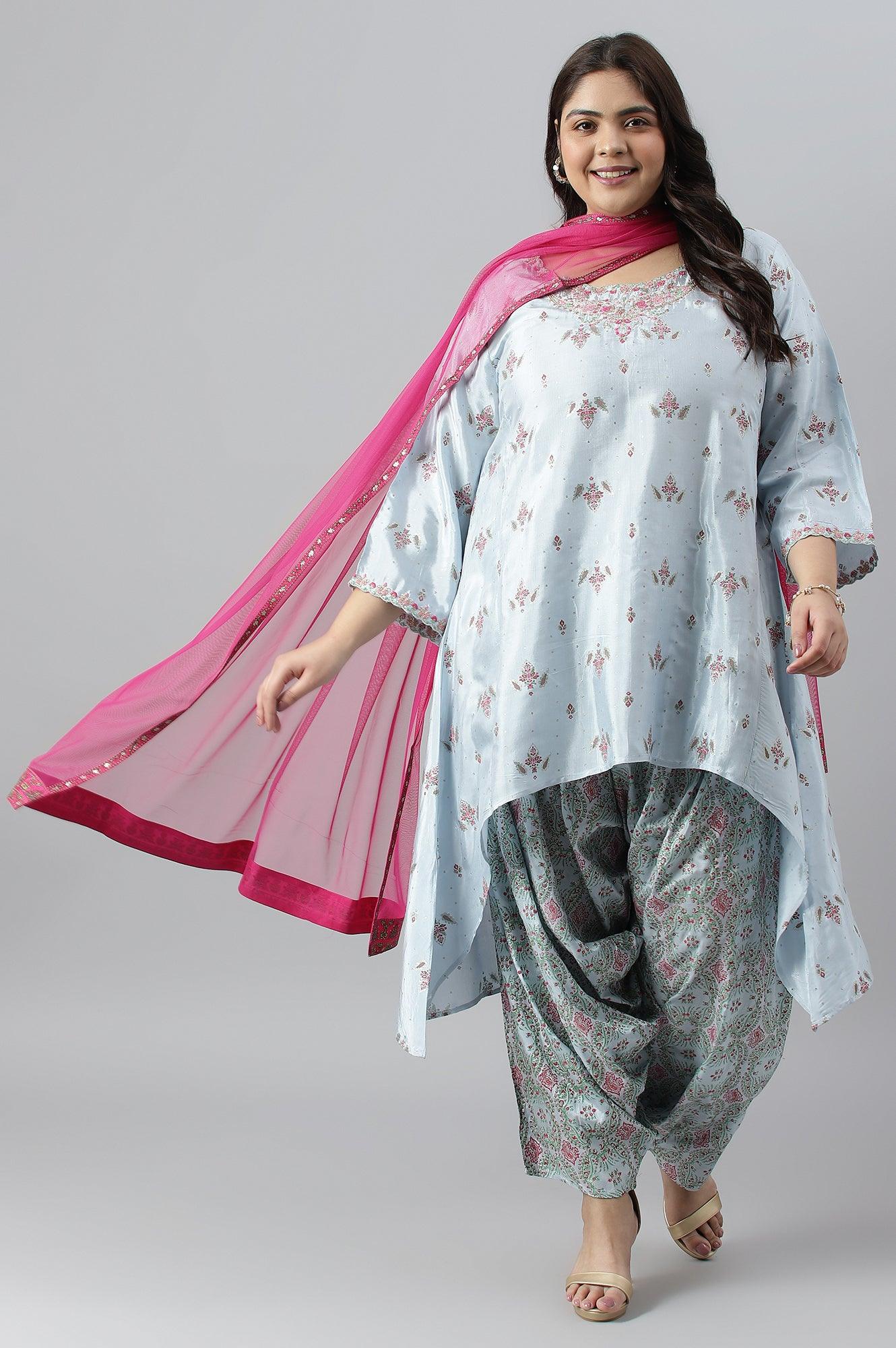 Plus Size Light Blue Paisley Print High-Low kurta With Draped Pants And Pink Dupatta - Image 6