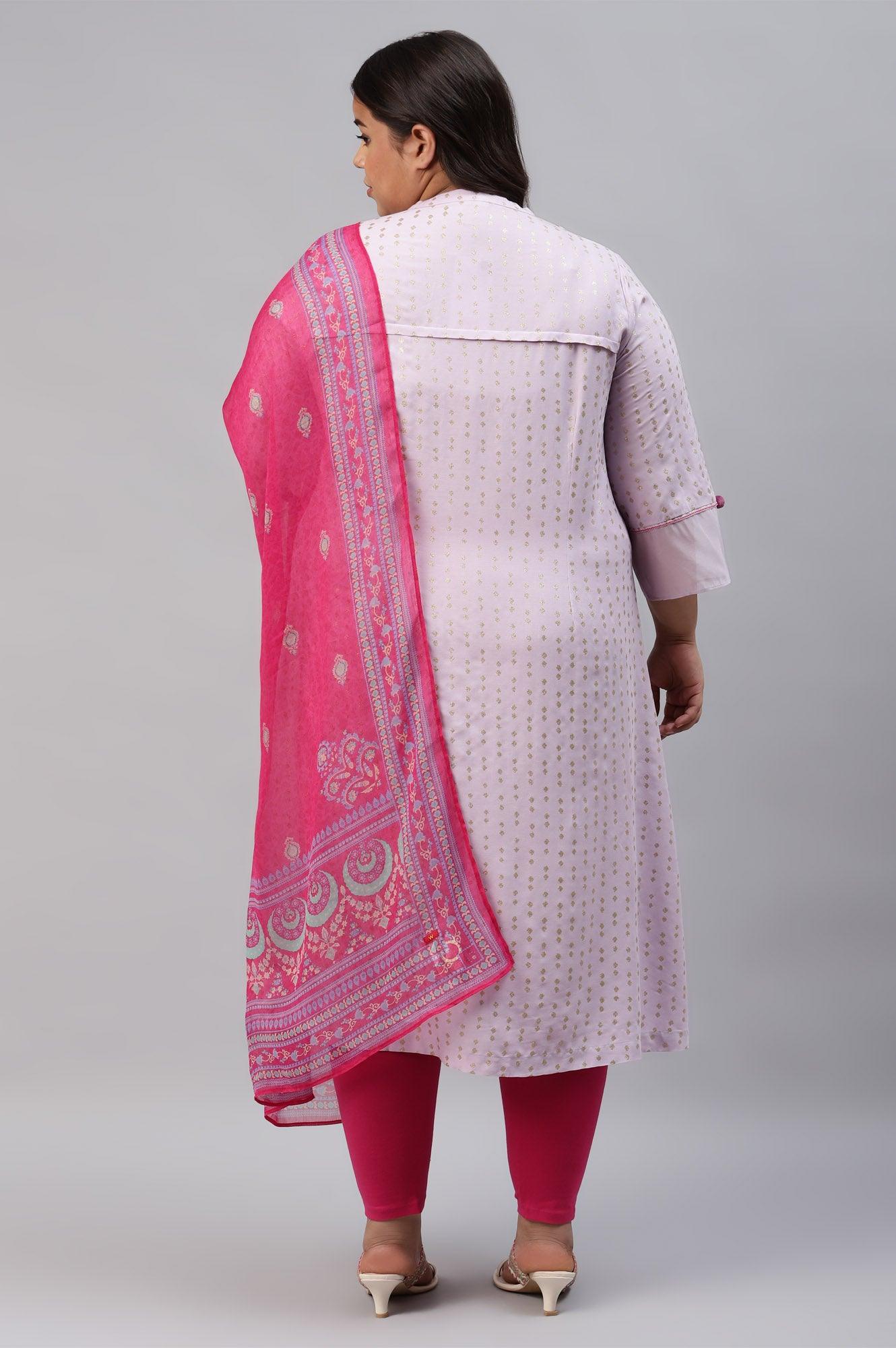 Plus Size Light Purple Embroidered kurta With Pink Tights And Printed Dupatta - Image 2