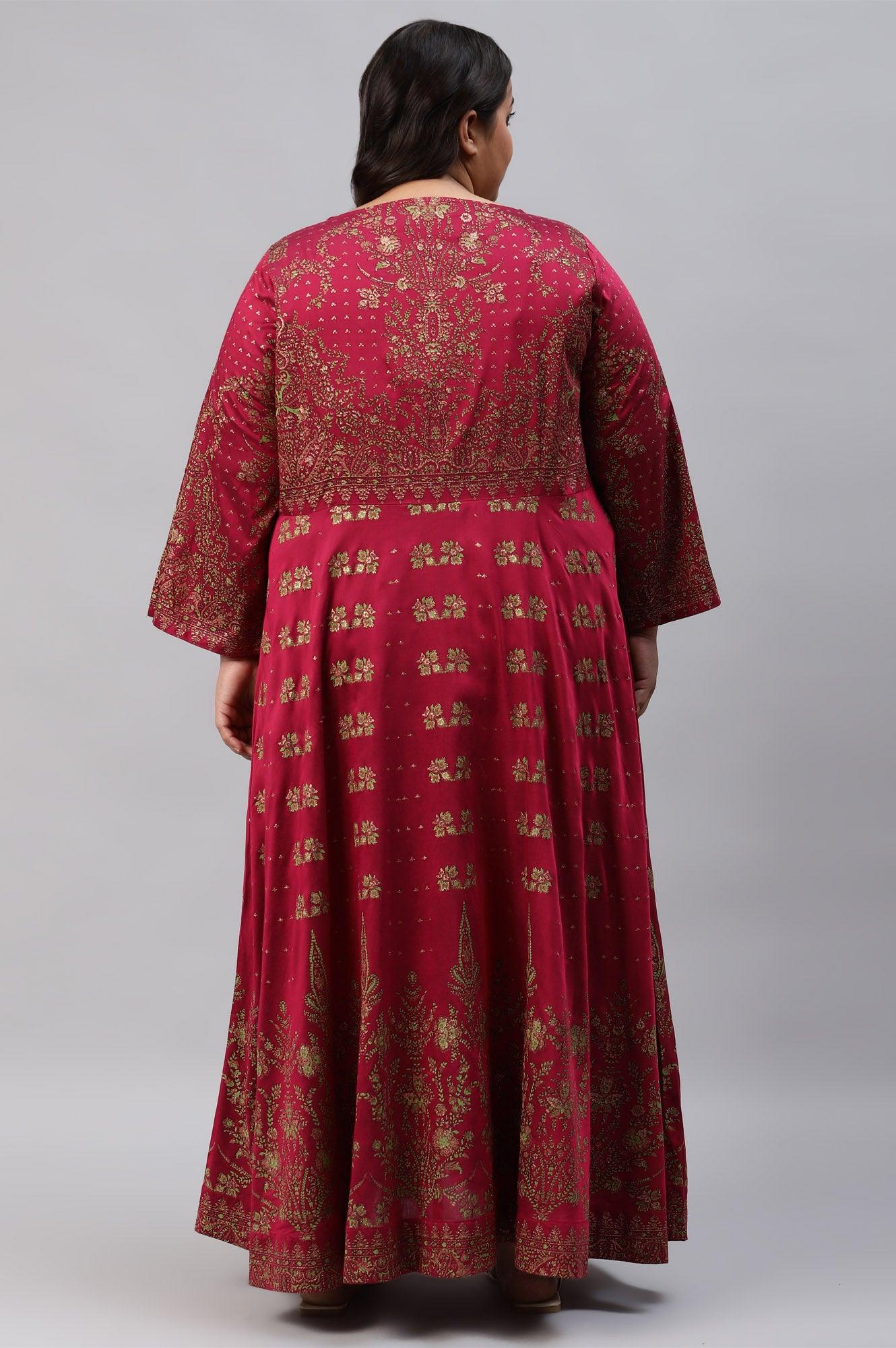 Plus Size Maroon Floral Printed Festive Indie Dress - Image 2