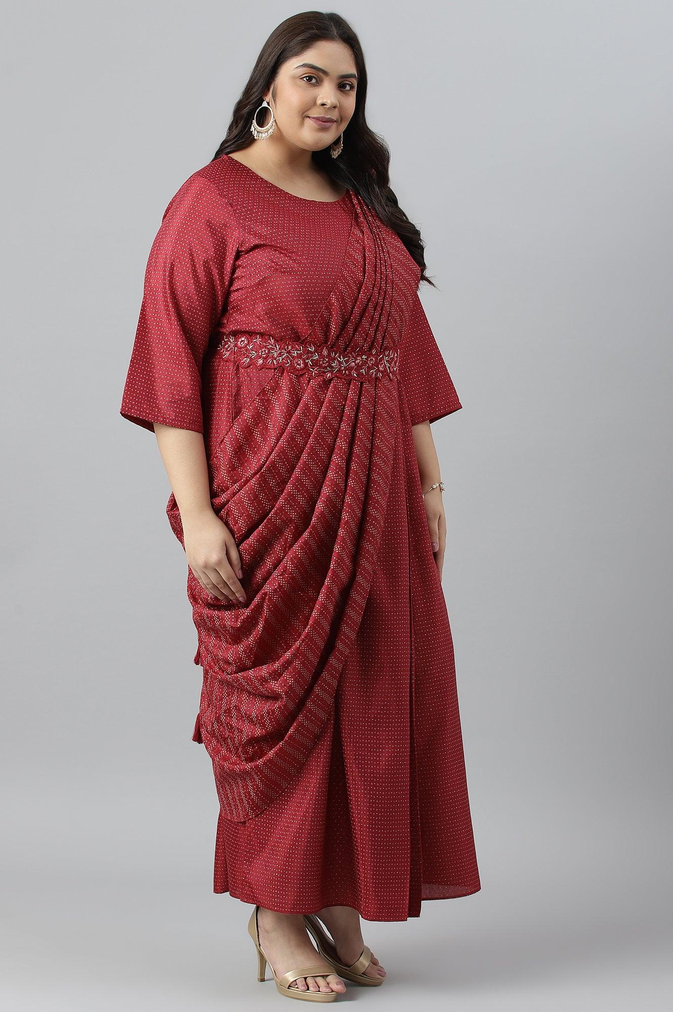 Plus Size Maroon Insta Saree Dress With Embroidered Belt - Image 3