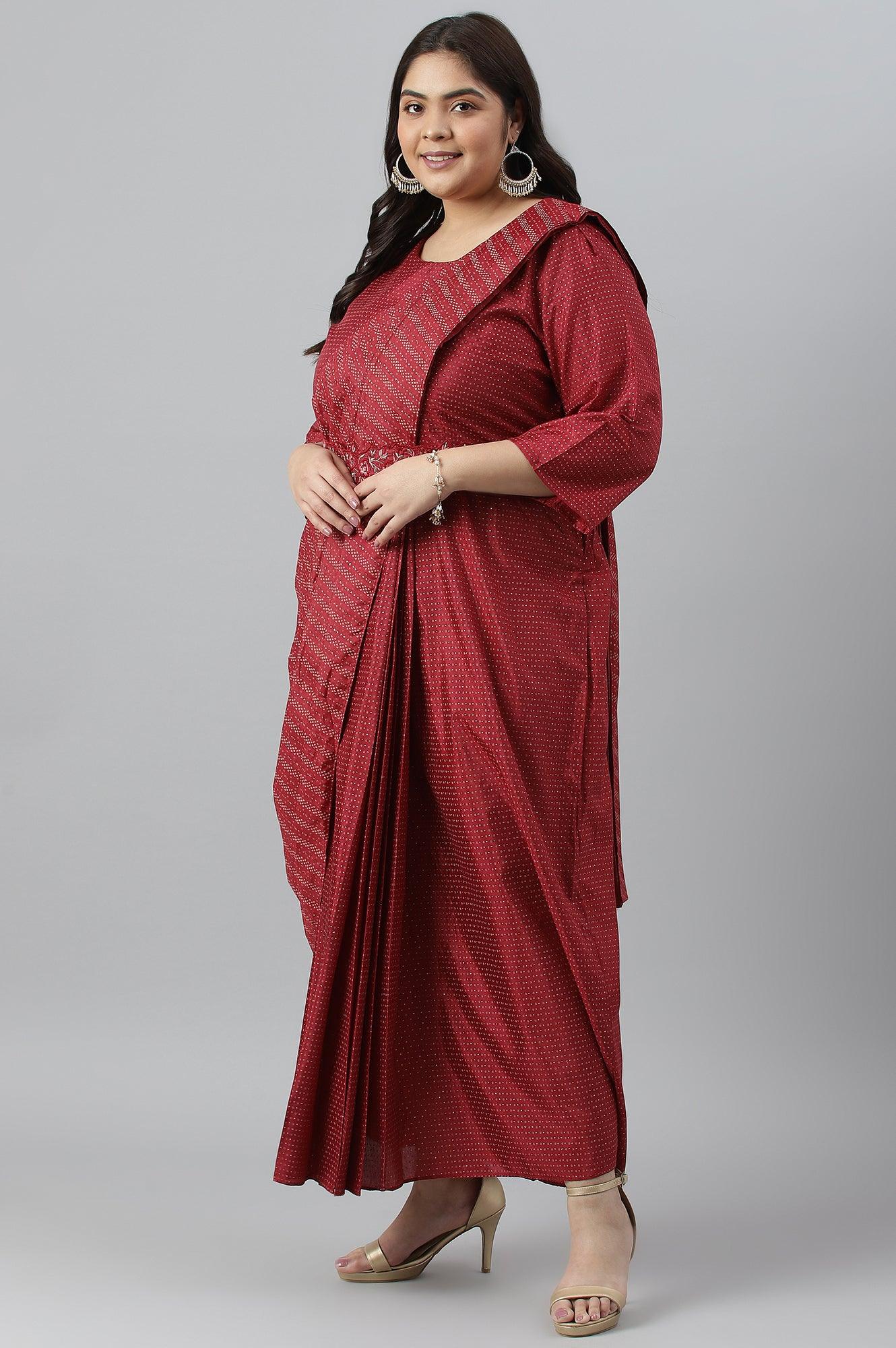 Plus Size Maroon Insta Saree Dress With Embroidered Belt - Image 4