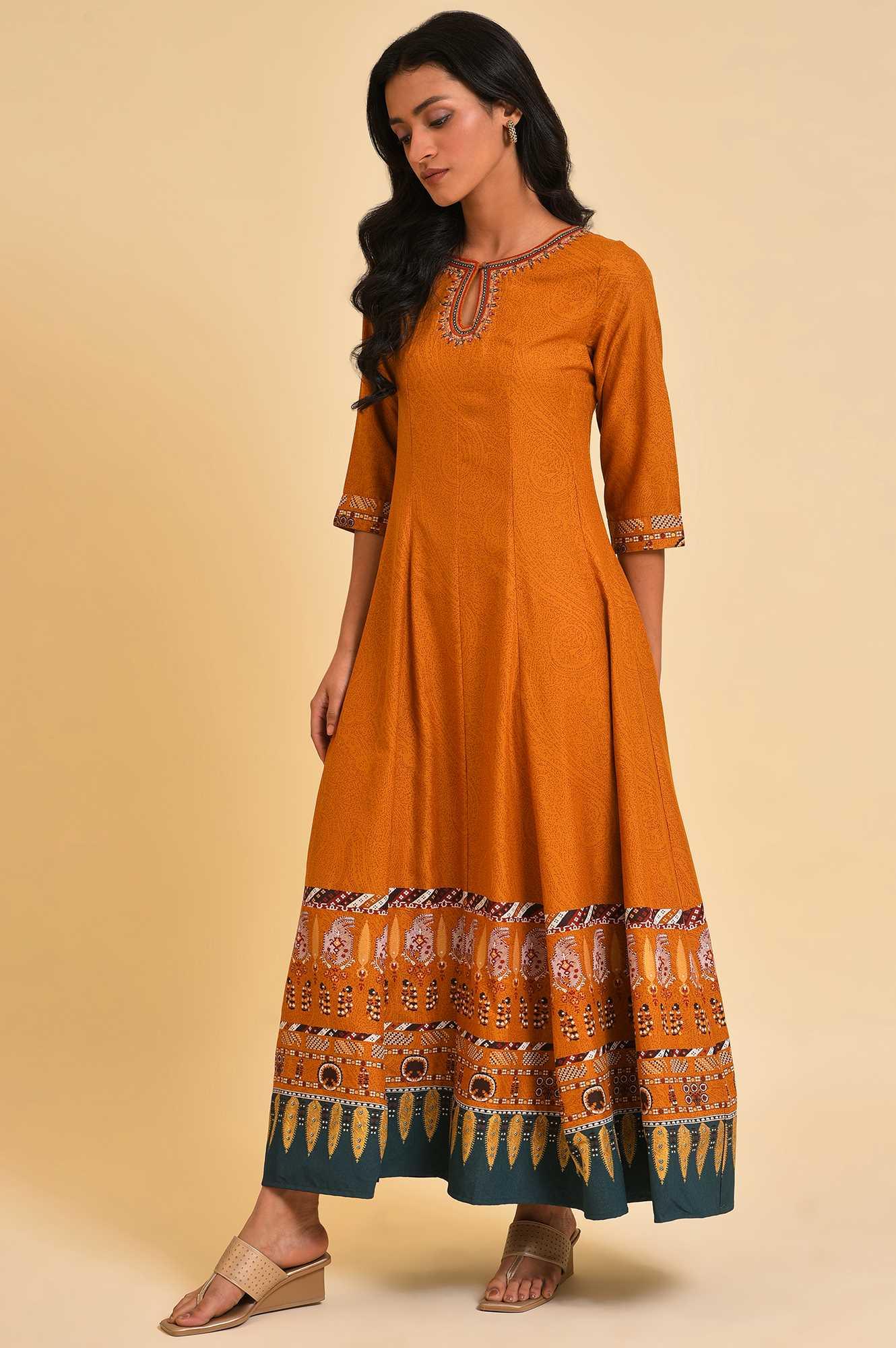Plus Size Mustard Flared Embroidered Dress - Image 3