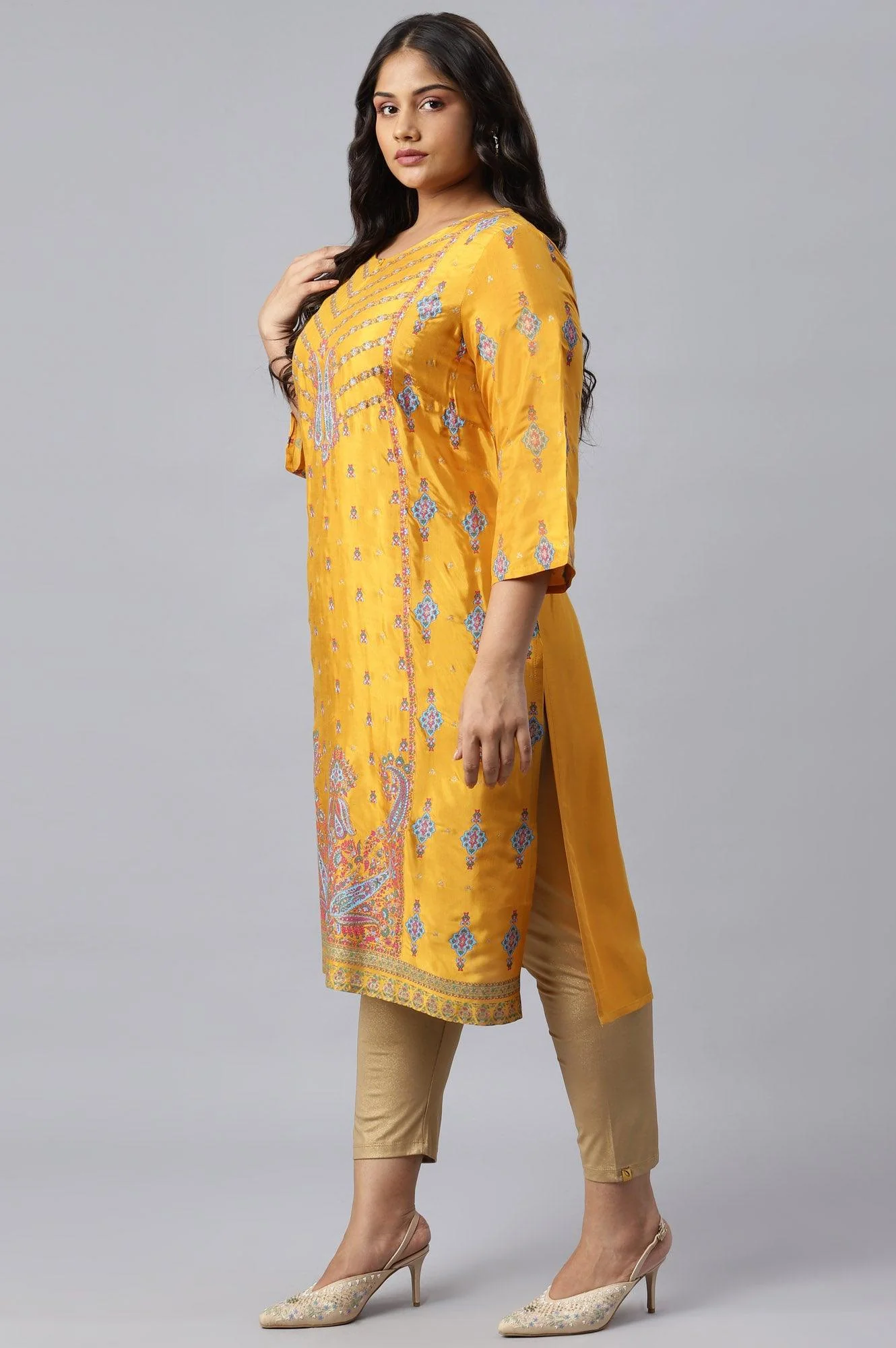 Plus Size Mustard Glitter Printed Shantung kurta - Image 3