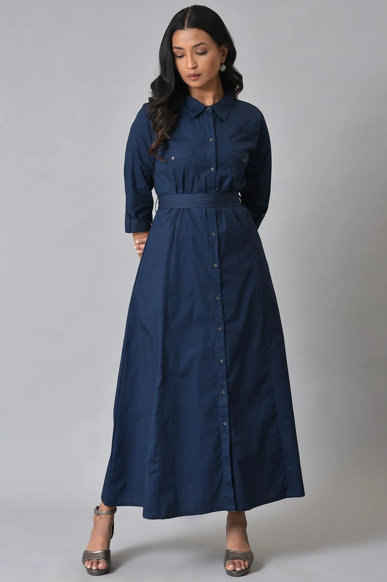 Navy Blue Cotton Plus Size Belted Shirt Dress - Image 6