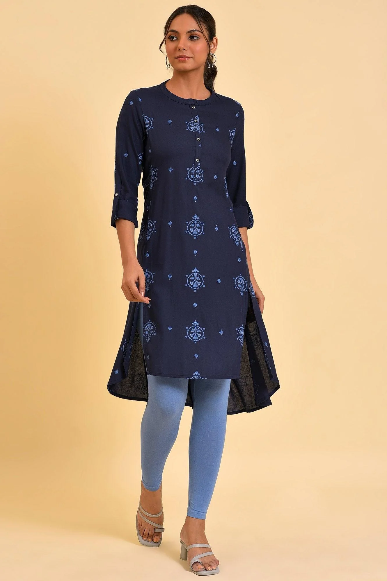 Plus Size Navy Blue Printed High-Low kurta