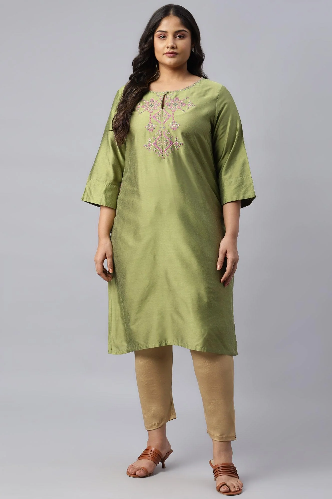 Plus Size Olive Embroidered Straight kurta