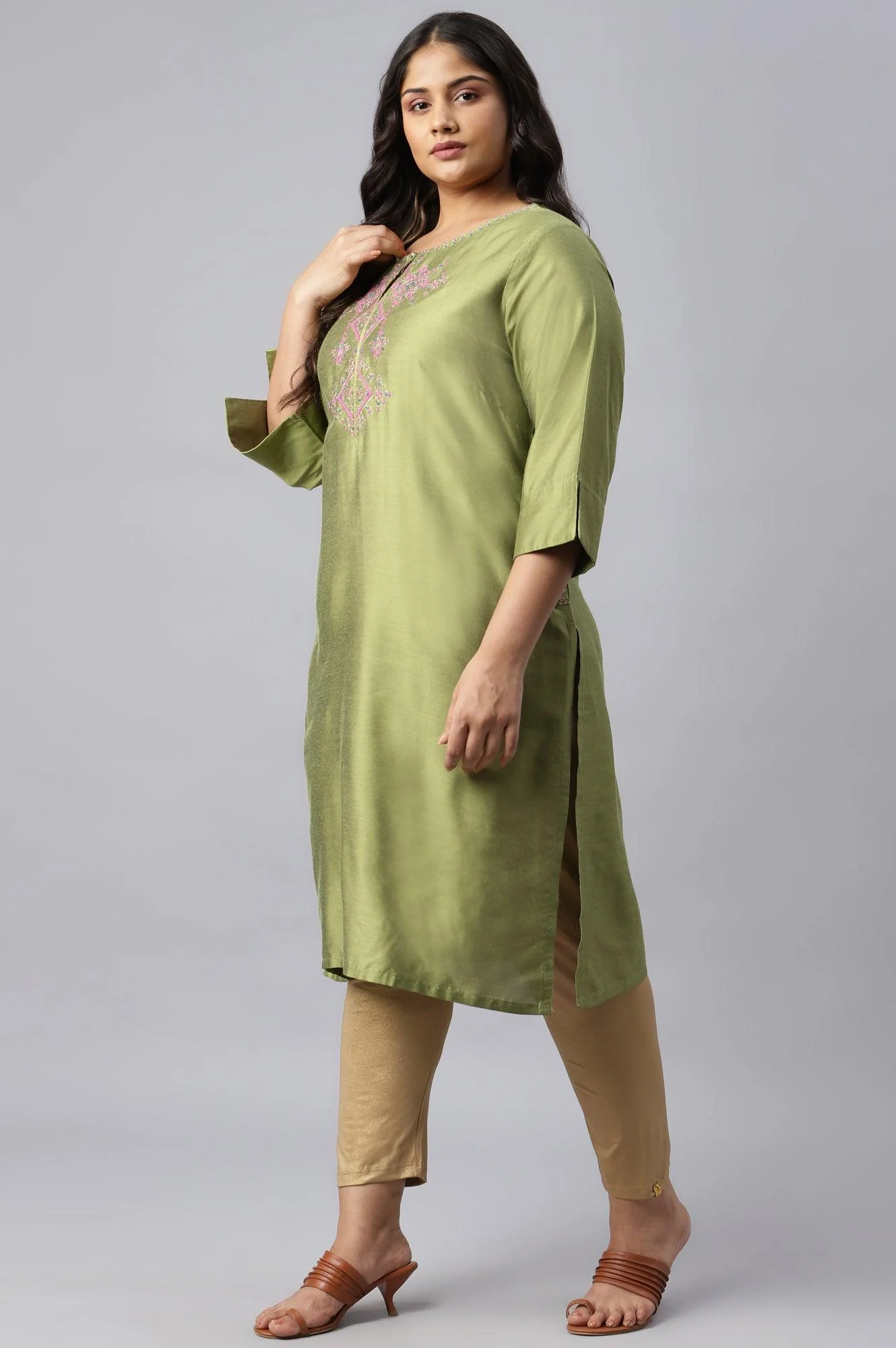Plus Size Olive Embroidered Straight kurta - Image 3