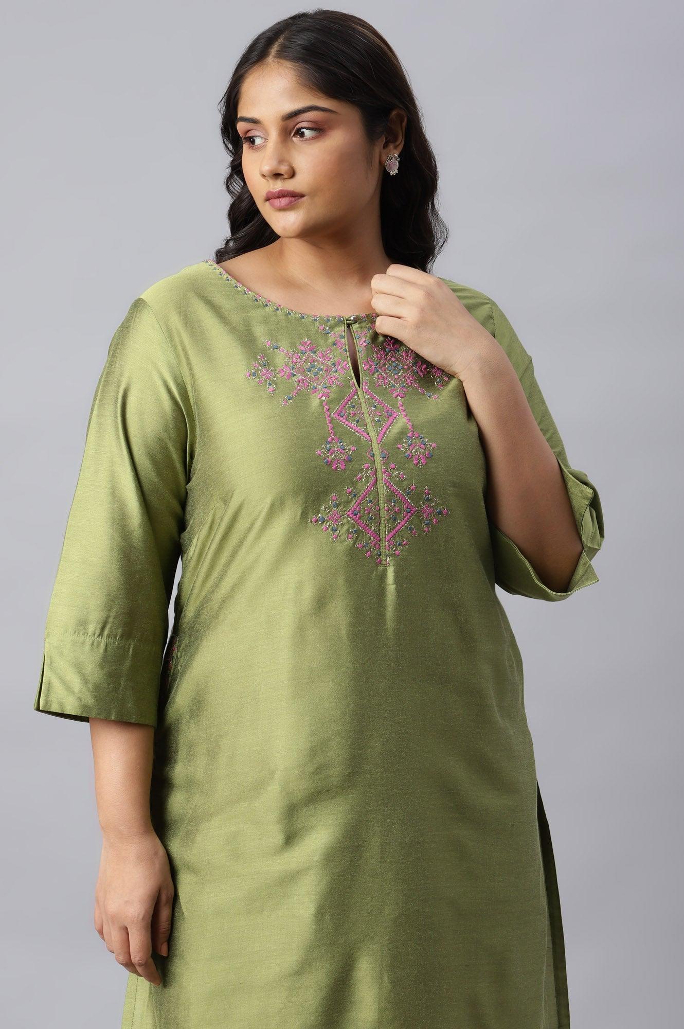 Plus Size Olive Embroidered Straight kurta - Image 5