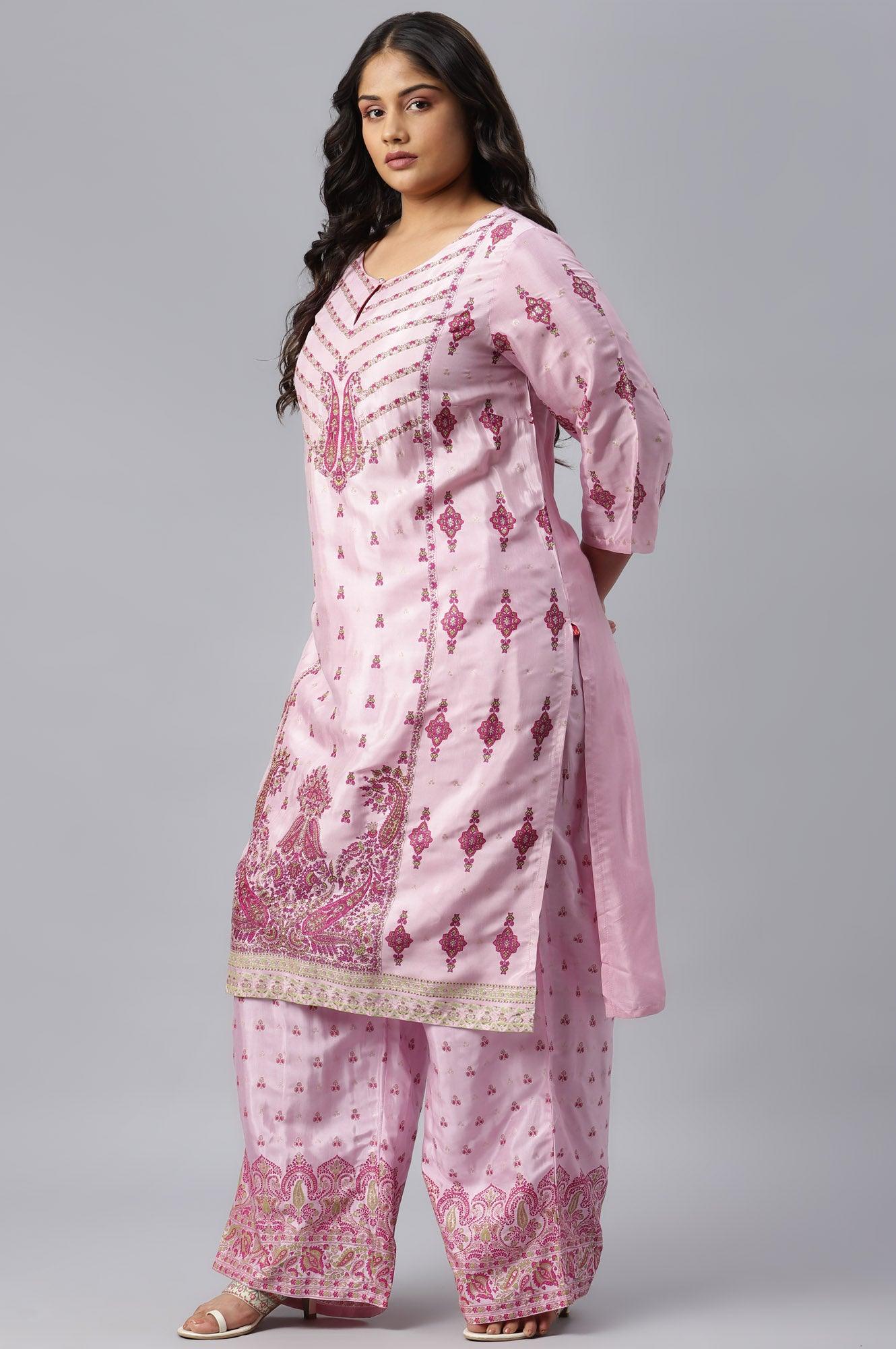 Plus Size Pink Glitter Printed Shantung kurta - Image 3