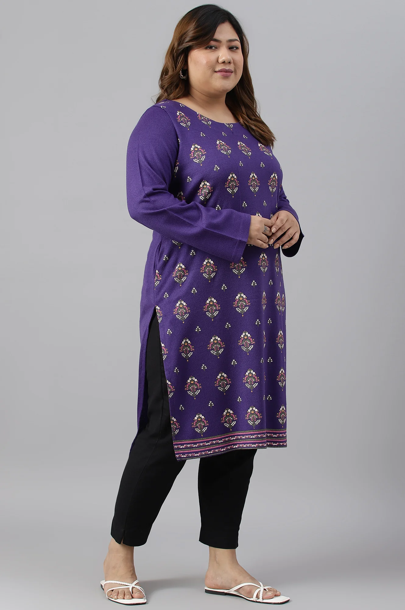 Plus Size Purple Floral Printed Knitted Winter kurta - Image 3