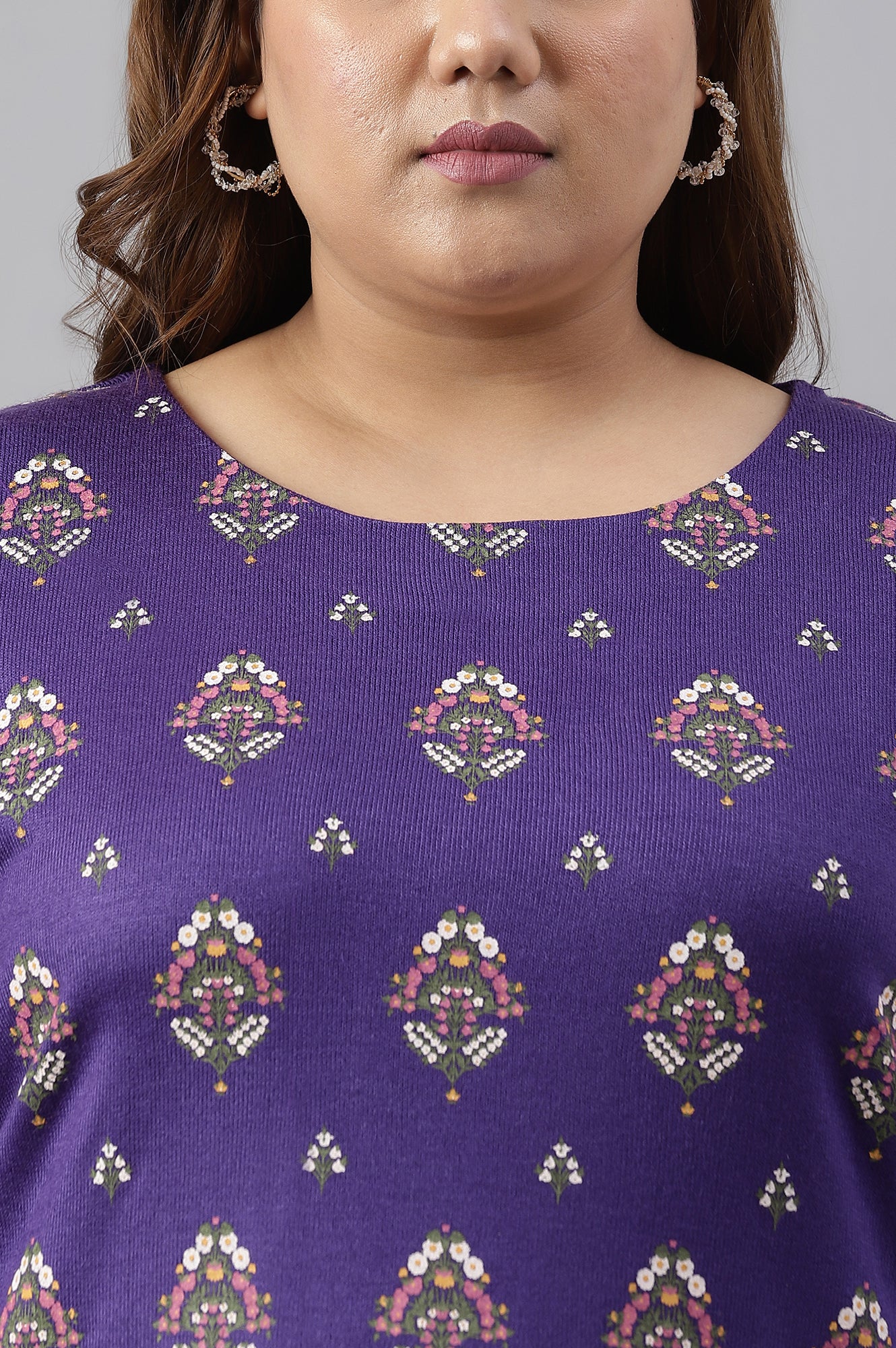 Plus Size Purple Floral Printed Knitted Winter kurta - Image 5