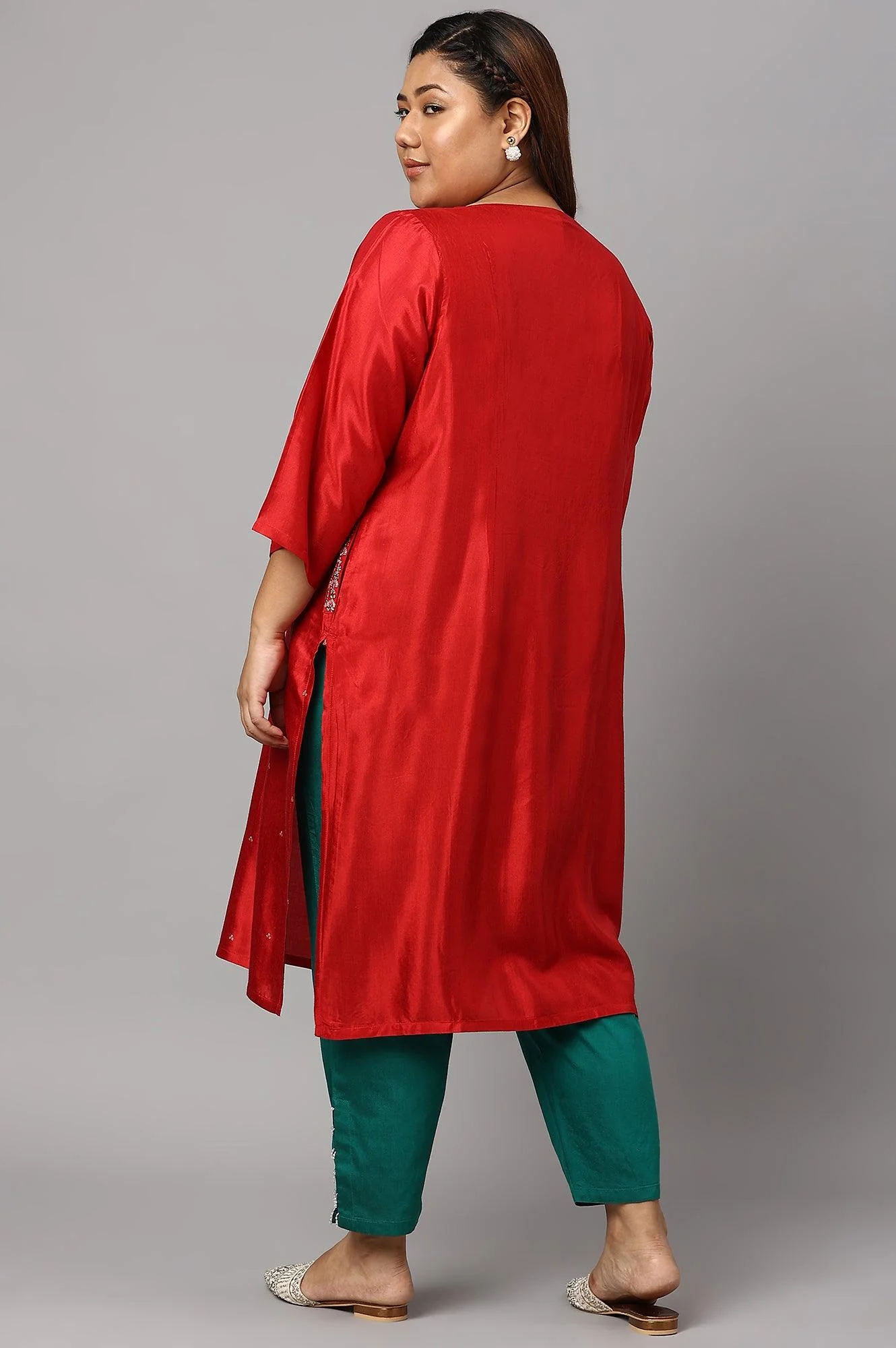 Plus Size Red Embroidered Shantung kurta - Image 2
