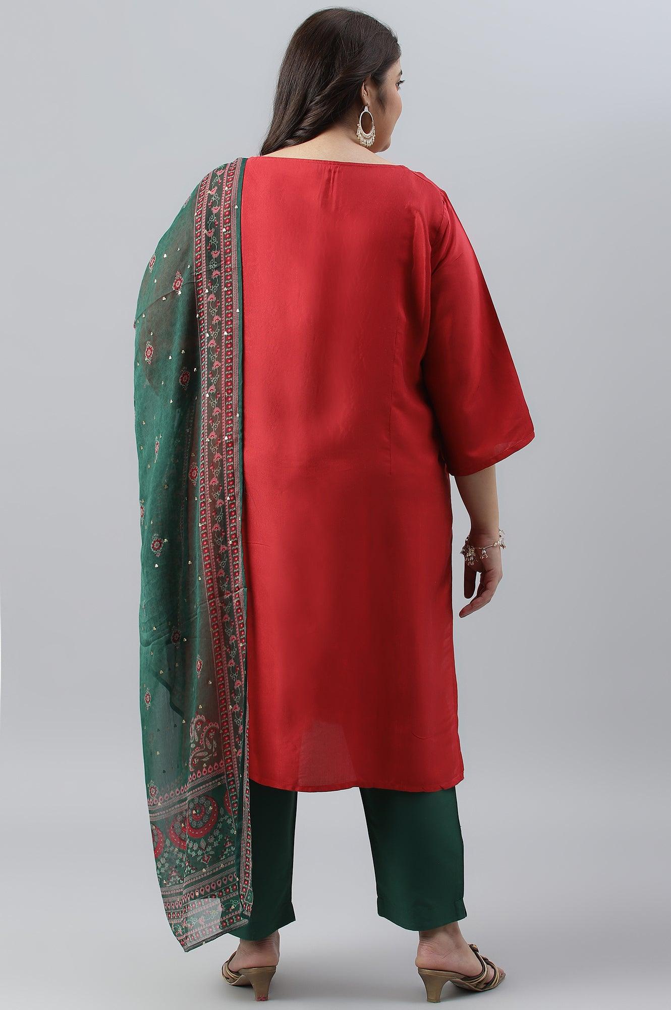 Plus Size Red Glitter Printed Festive kurta With Green Slim Pants And Printed Dupatta - Image 2