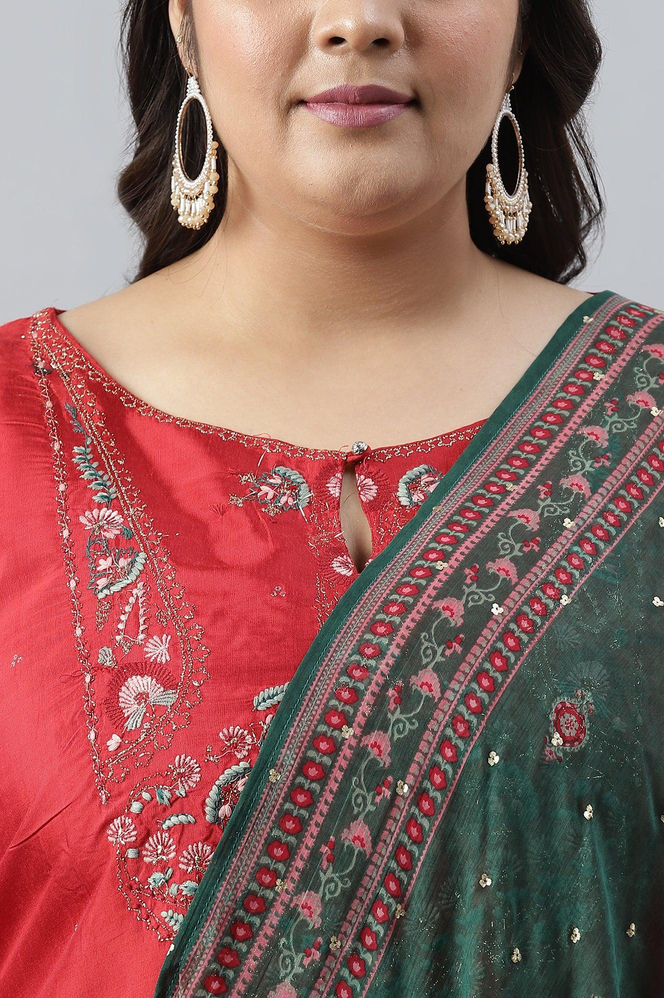 Plus Size Red Glitter Printed Festive kurta With Green Slim Pants And Printed Dupatta - Image 5