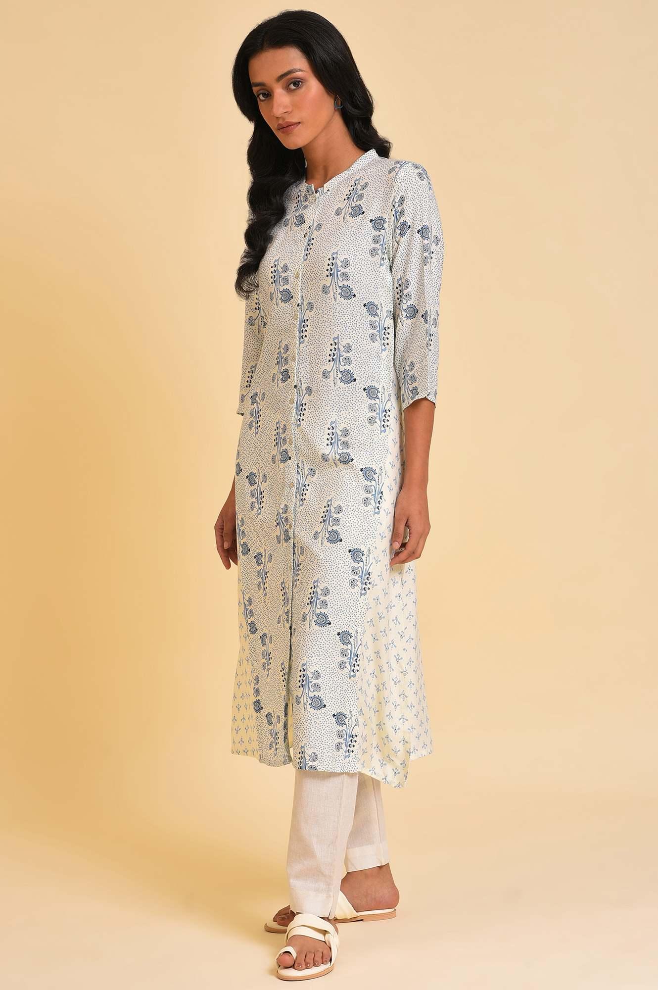 Plus Size White Printed Button Down kurta - Image 3