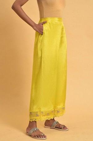 Plus Size Yellow Parallel Pants With Lace And Embroidery - Image 4