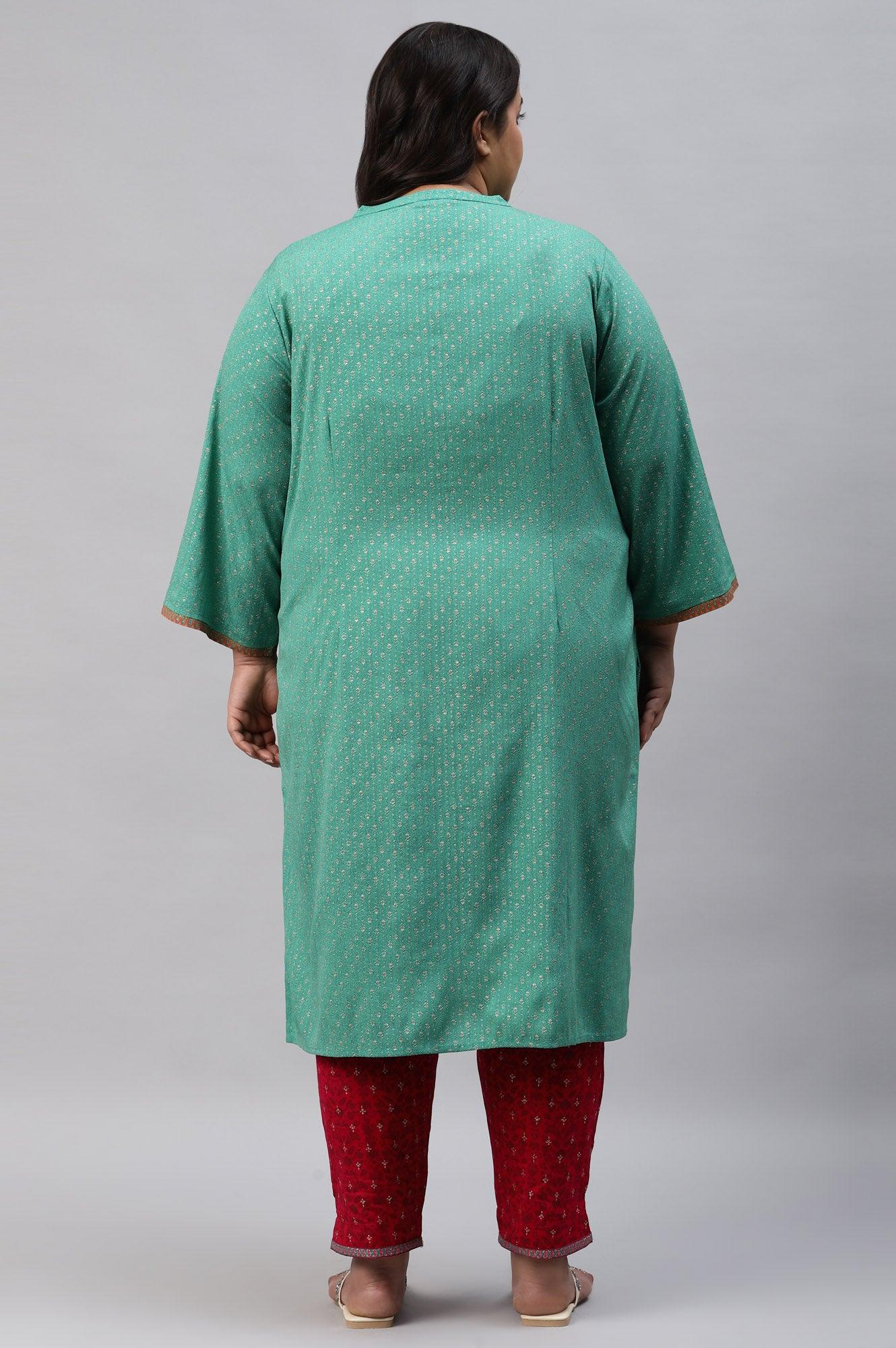 Pop Green Printed Festive Full Placket Plus Size kurta - Image 2