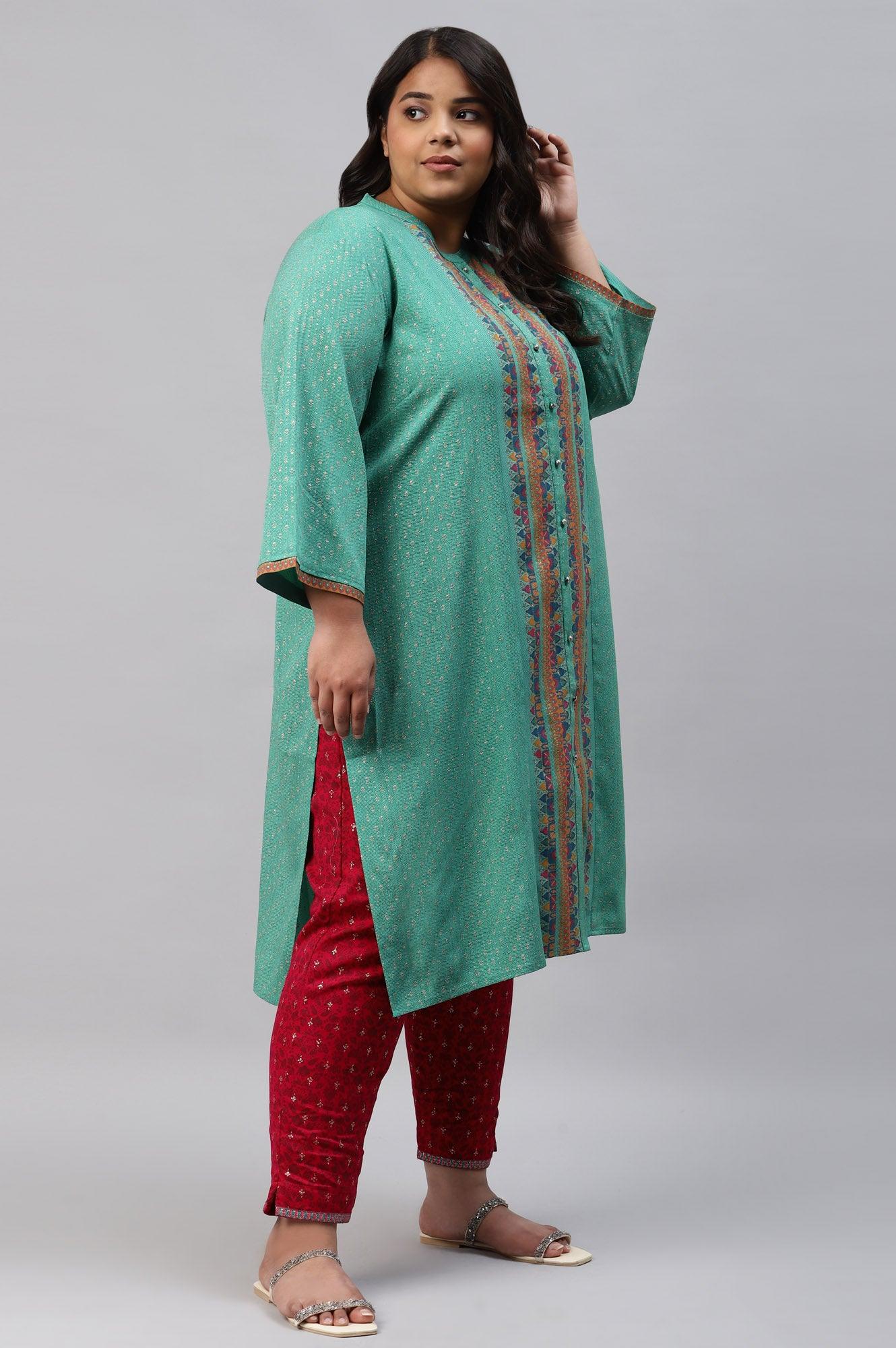 Pop Green Printed Festive Full Placket Plus Size kurta - Image 4