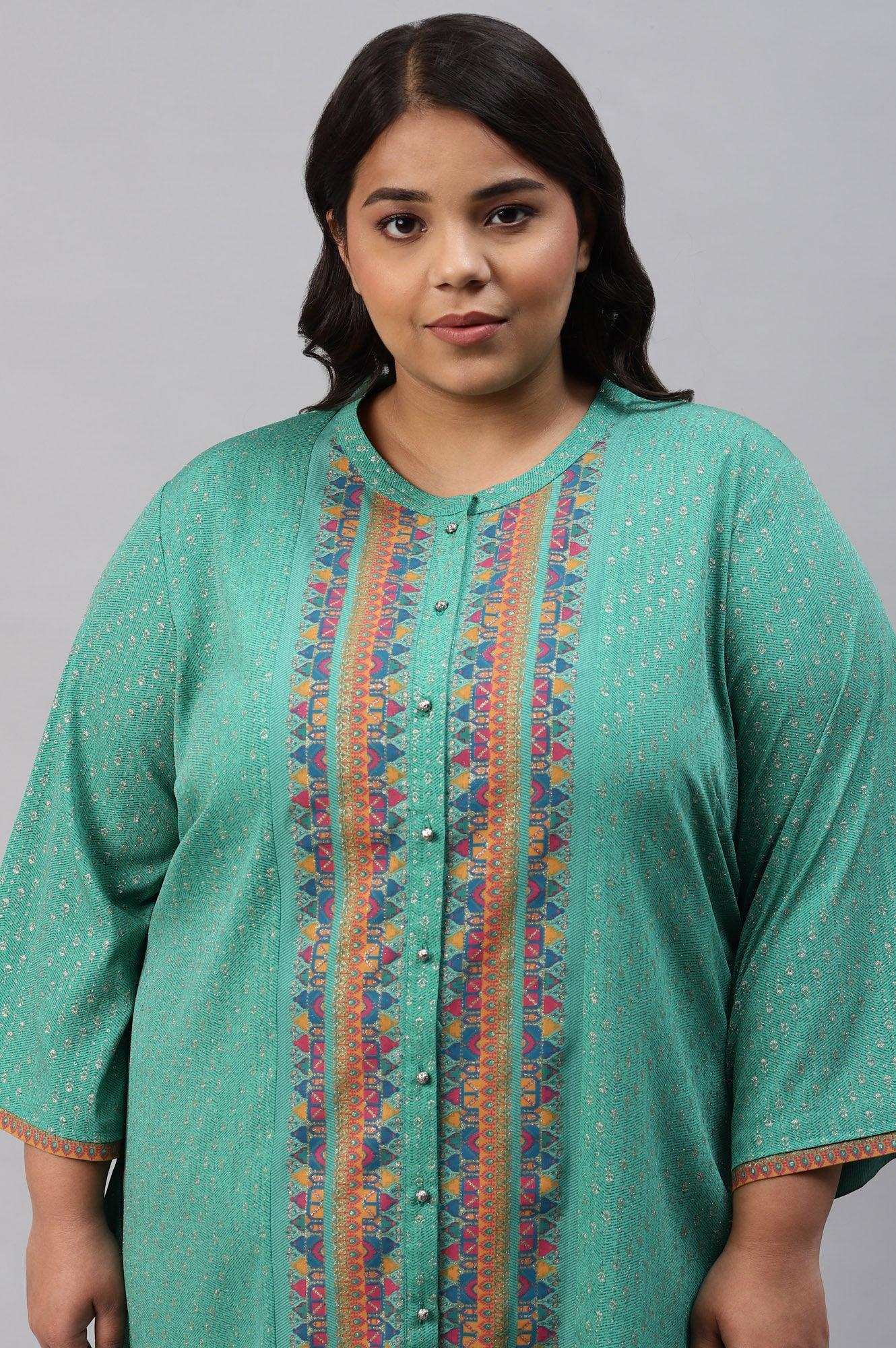 Pop Green Printed Festive Full Placket Plus Size kurta - Image 5