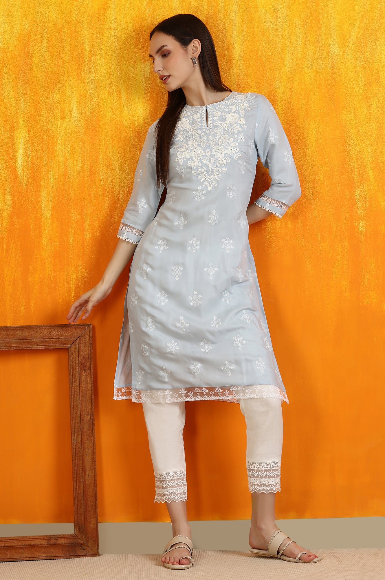 Powder Blue Embroidered Dull Shantung Straight Kurta - Image 2