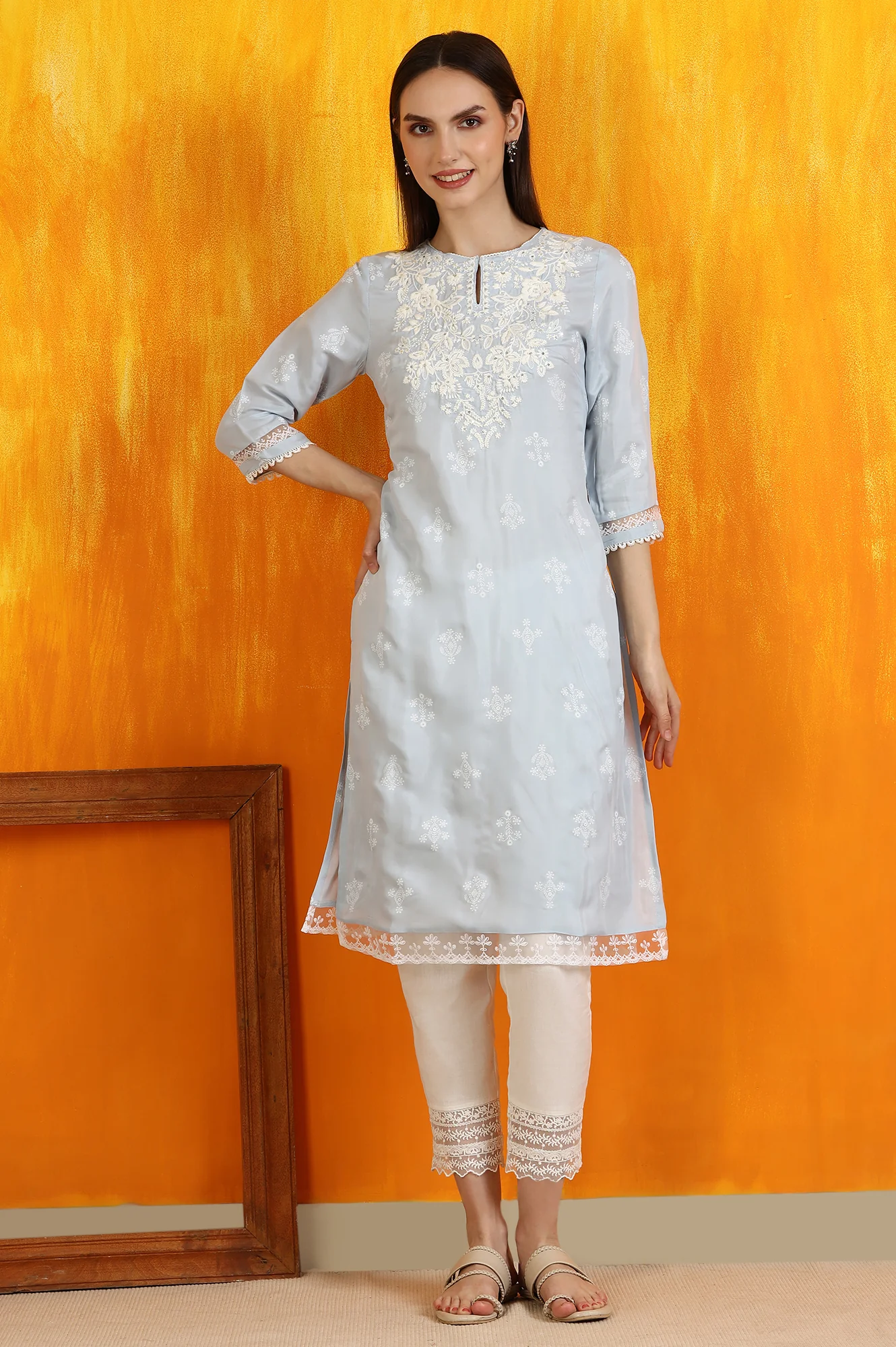 Powder Blue Embroidered Dull Shantung Straight Kurta - Image 3