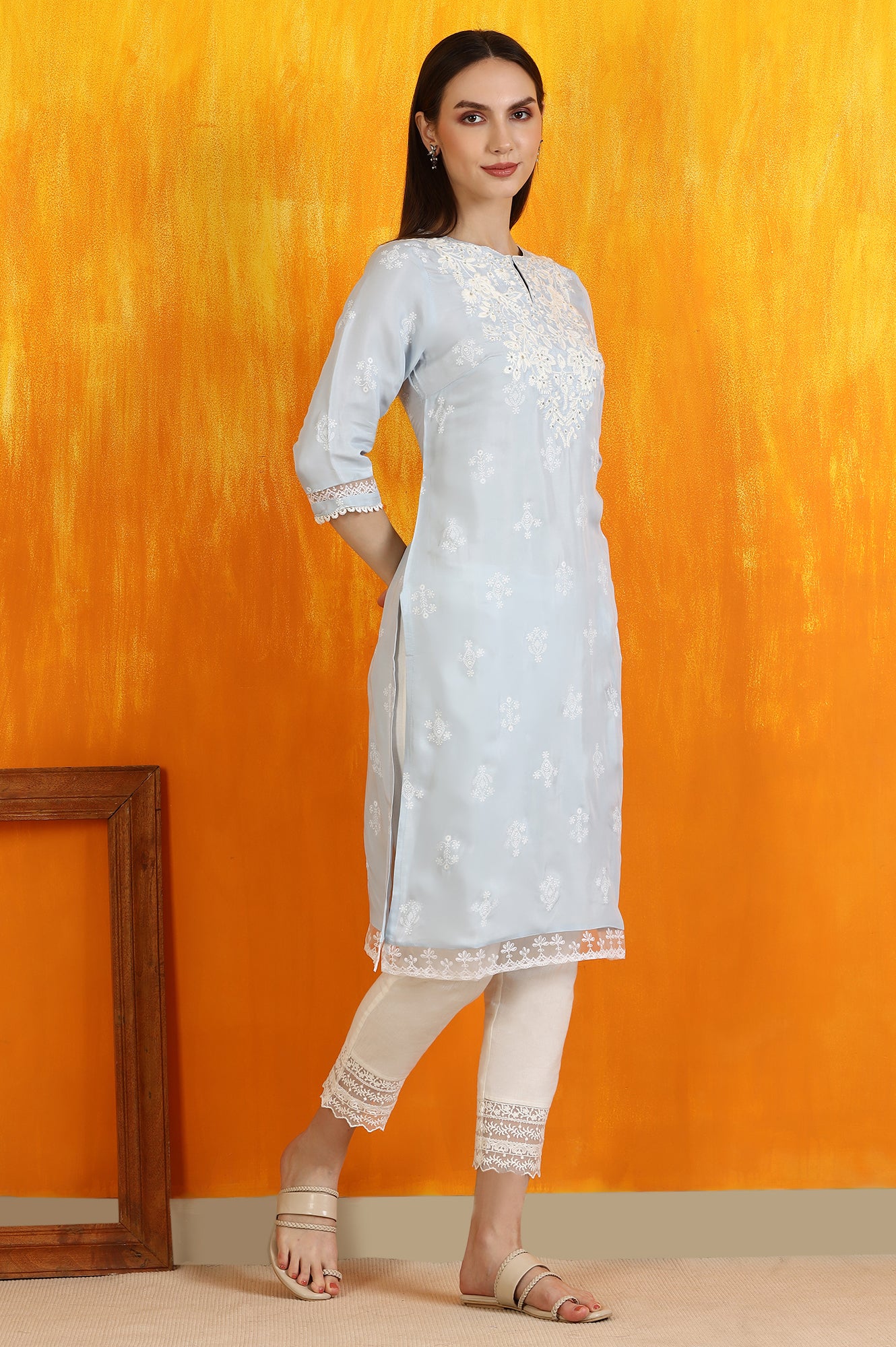 Powder Blue Embroidered Dull Shantung Straight Kurta - Image 7