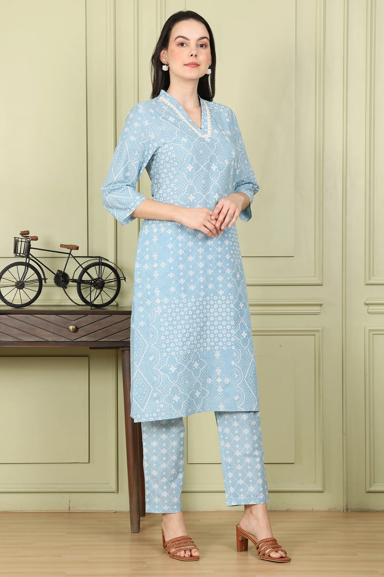 Powder Blue Geometric Printed Pure Cotton Straight Kurta, Pants And Dupatta Set - Image 6