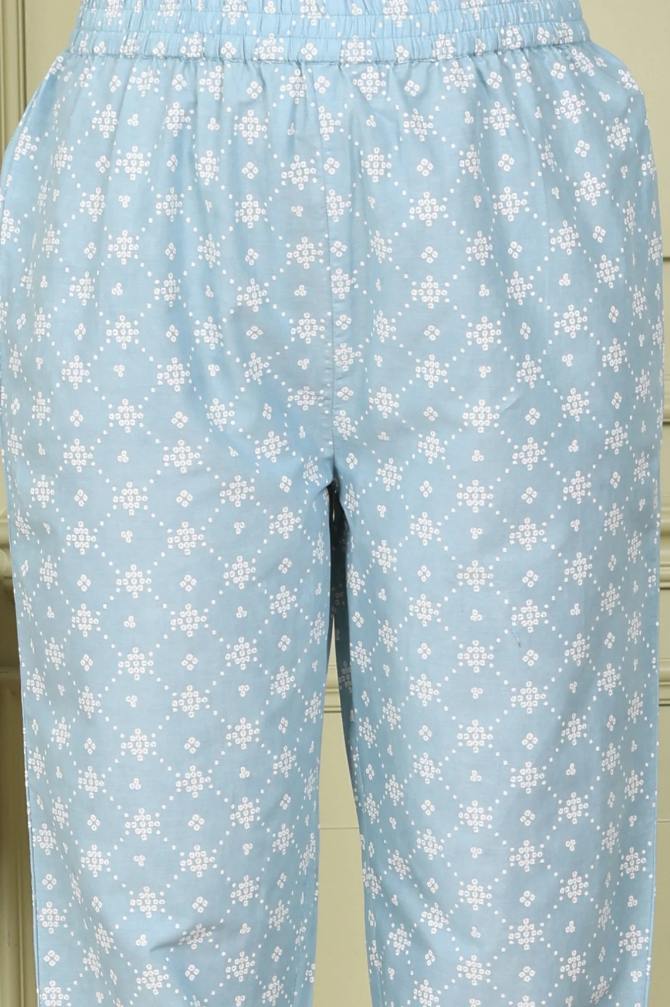 Powder Blue Geometric Printed Pure Cotton Straight Kurta, Pants And Dupatta Set - Image 8