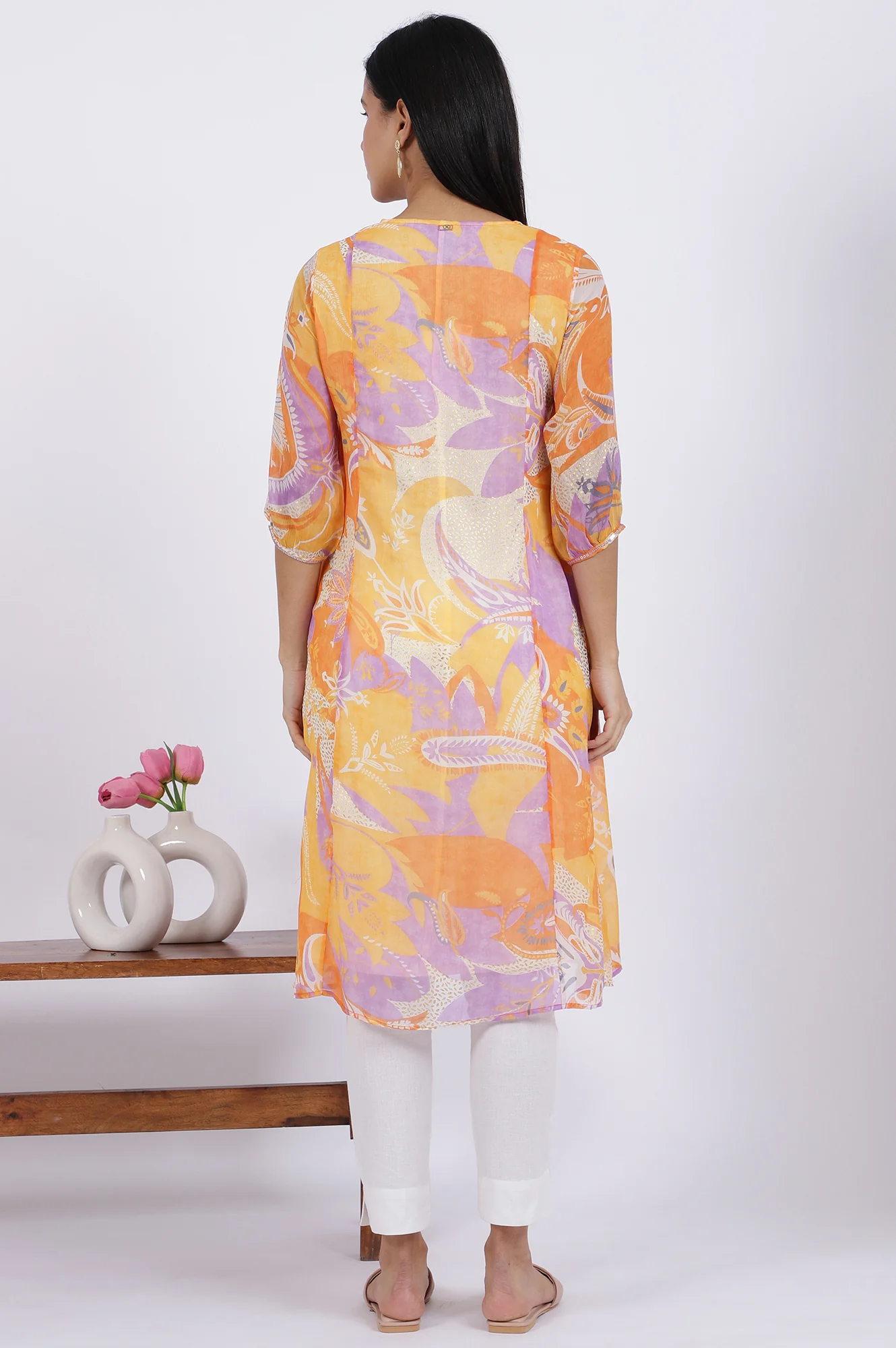 Orange Printed A-Line Chiffon Kurta - Image 6