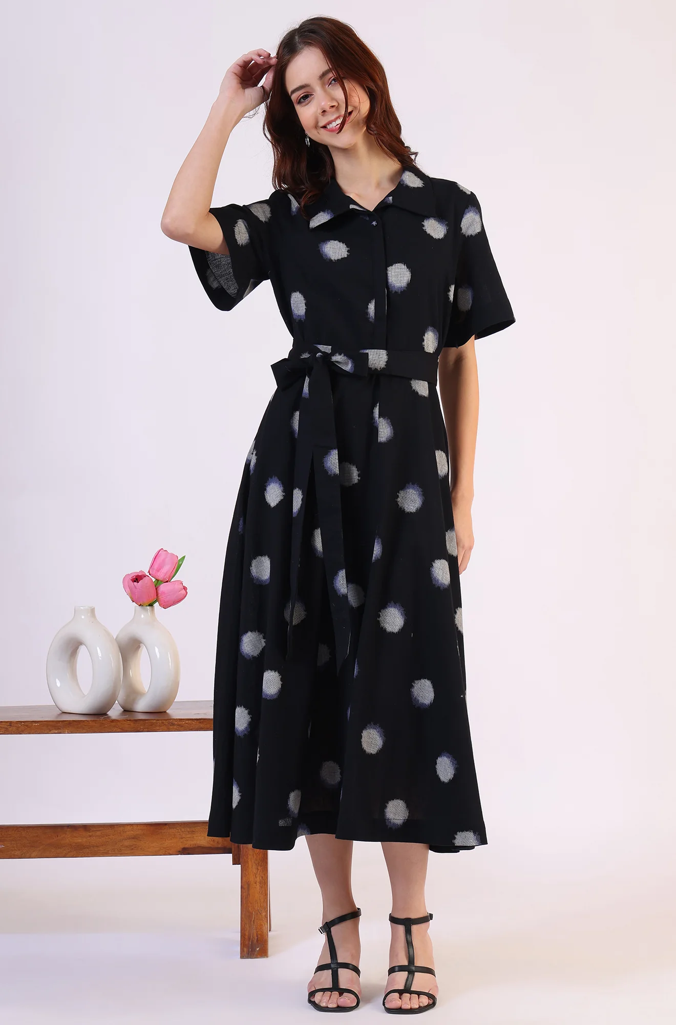 Black Printed Flared Cotton Blend Dress - Image 3