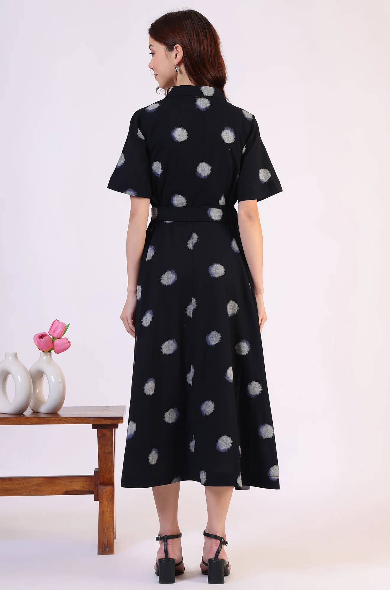 Black Printed Flared Cotton Blend Dress - Image 6