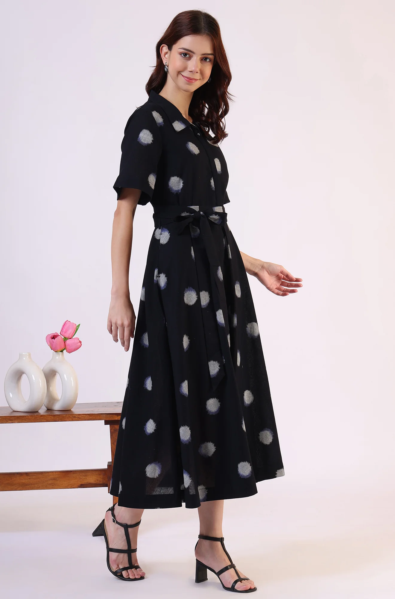 Black Printed Flared Cotton Blend Dress - Image 7