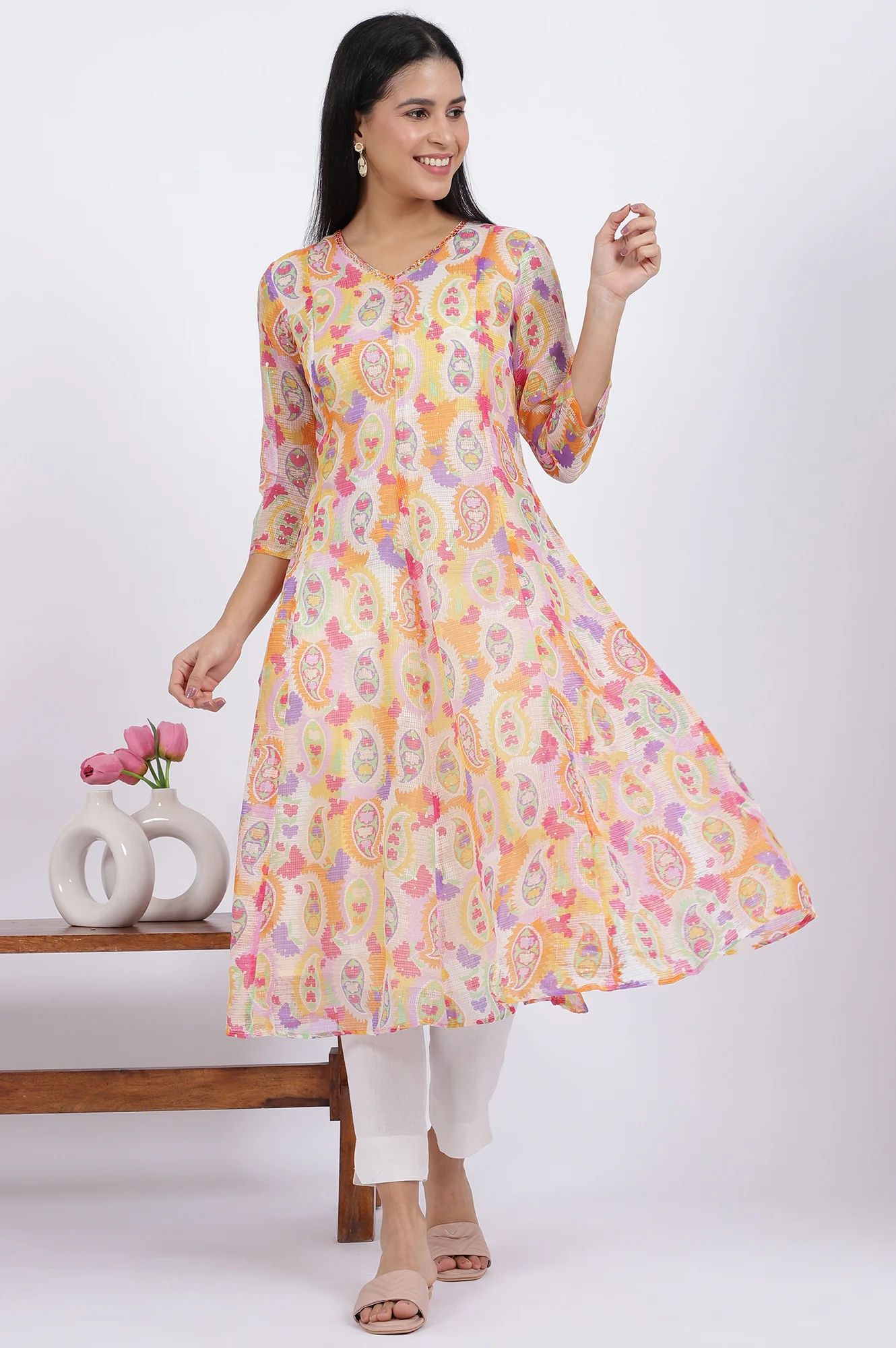 Printed Kota Doria Anarkali Kurta - Image 2