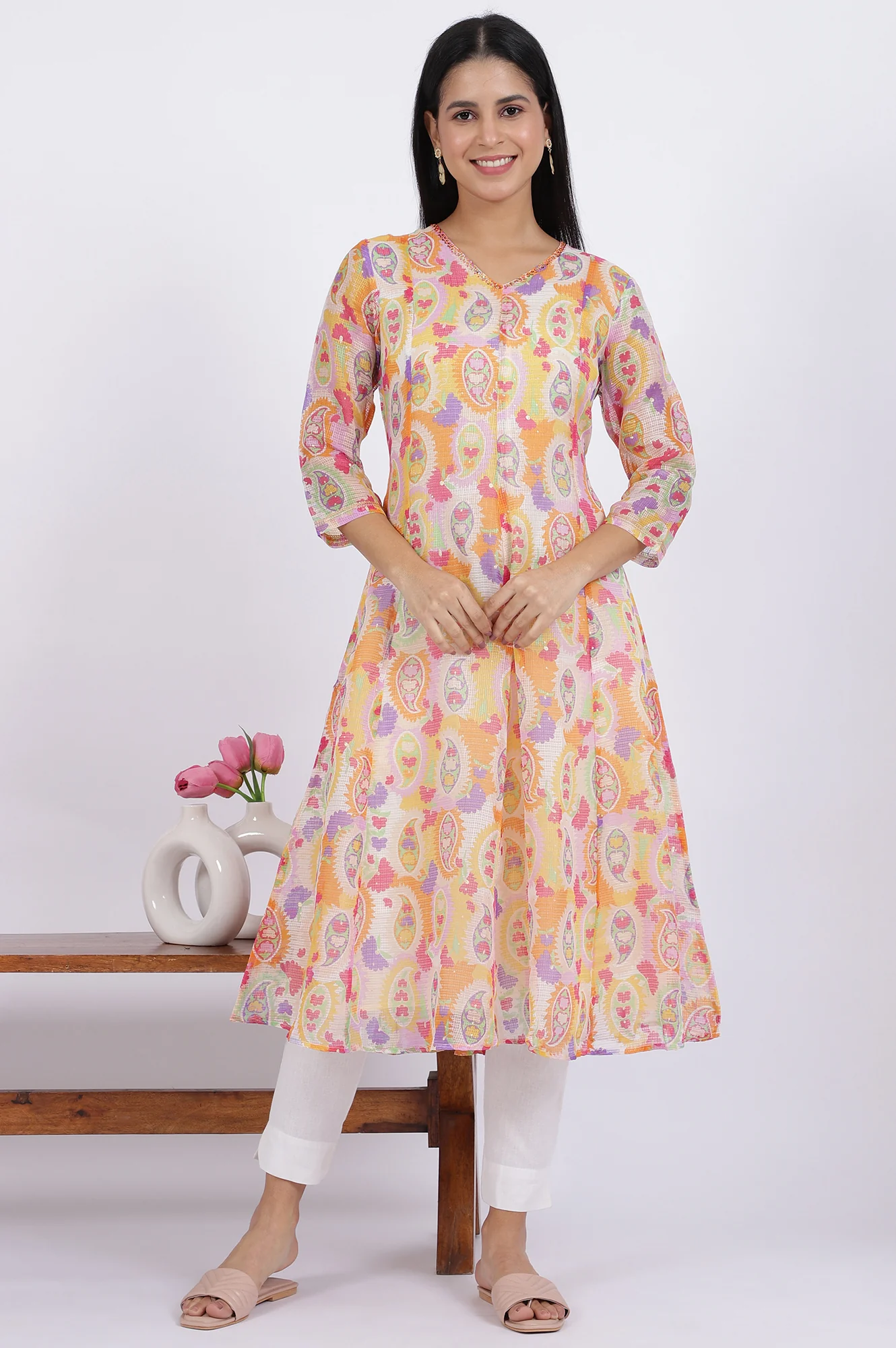 Printed Kota Doria Anarkali Kurta - Image 3