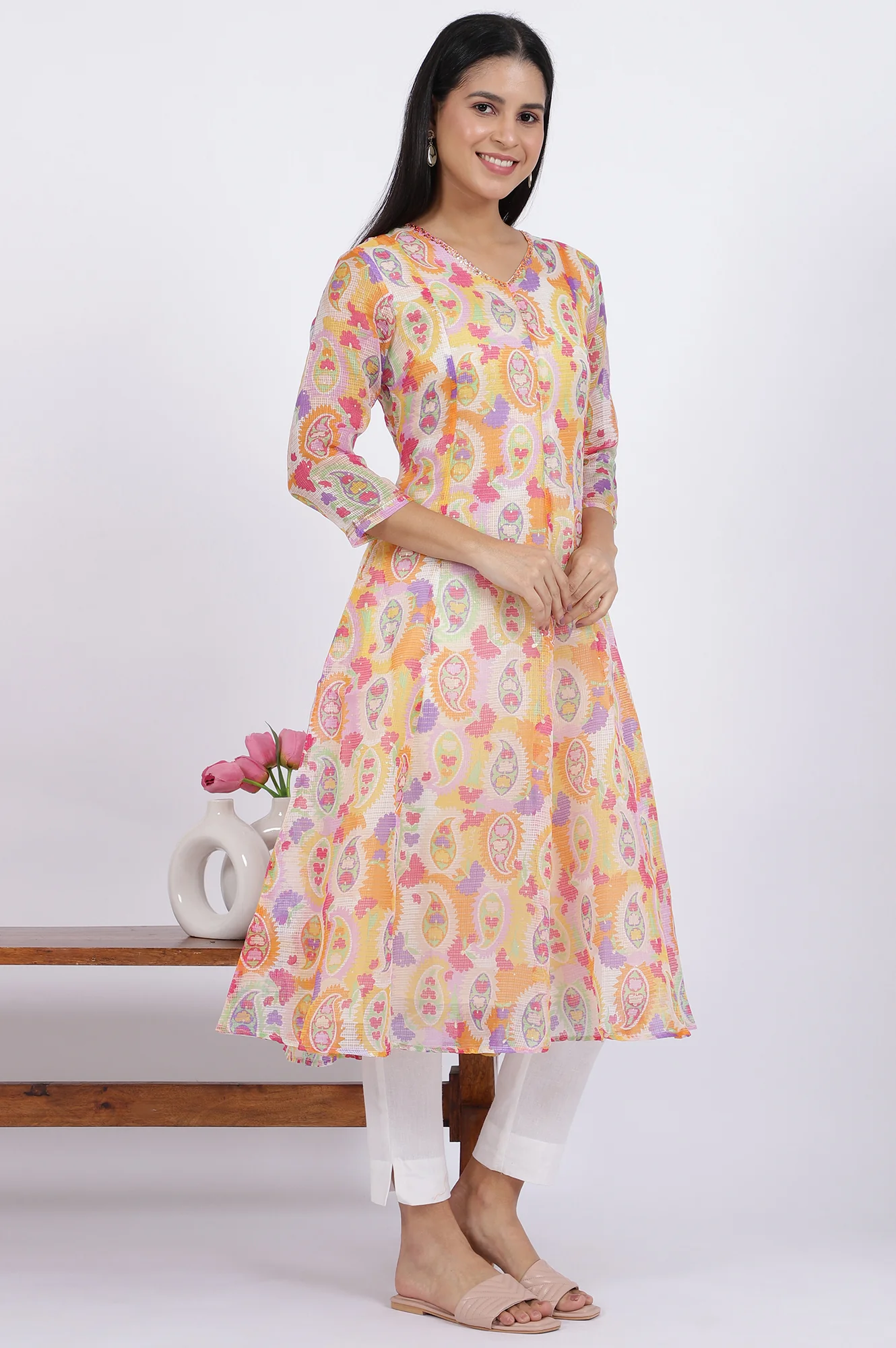 Printed Kota Doria Anarkali Kurta - Image 7