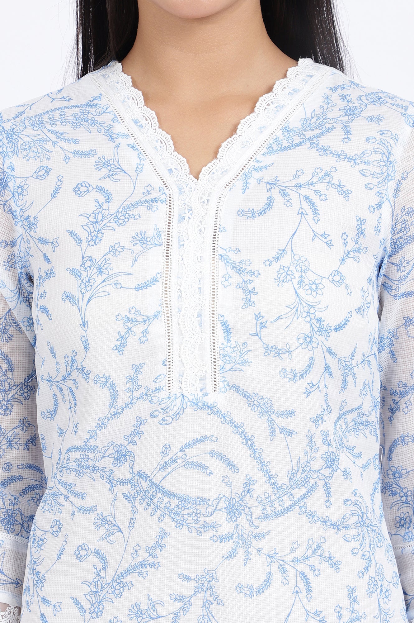 White Floral Printed Lace Straight Kota Kurta - Image 2