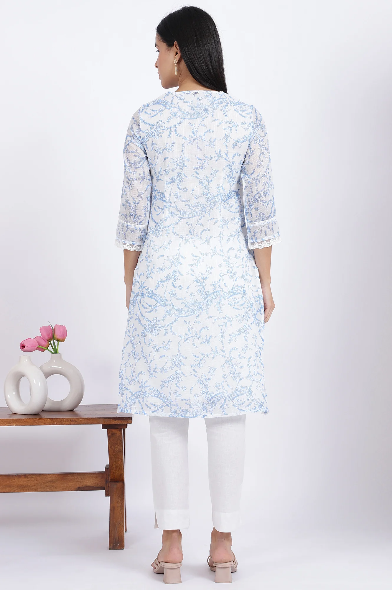 White Floral Printed Lace Straight Kota Kurta - Image 4