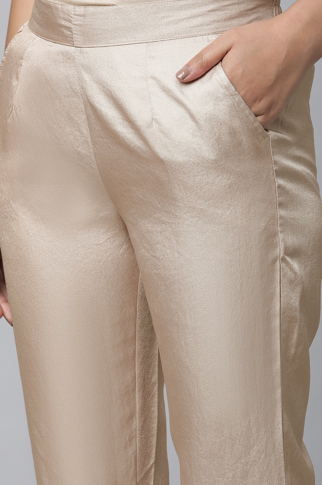 Gold Solid Straight Fit Satin Pants With Elasticated Waist - Image 7