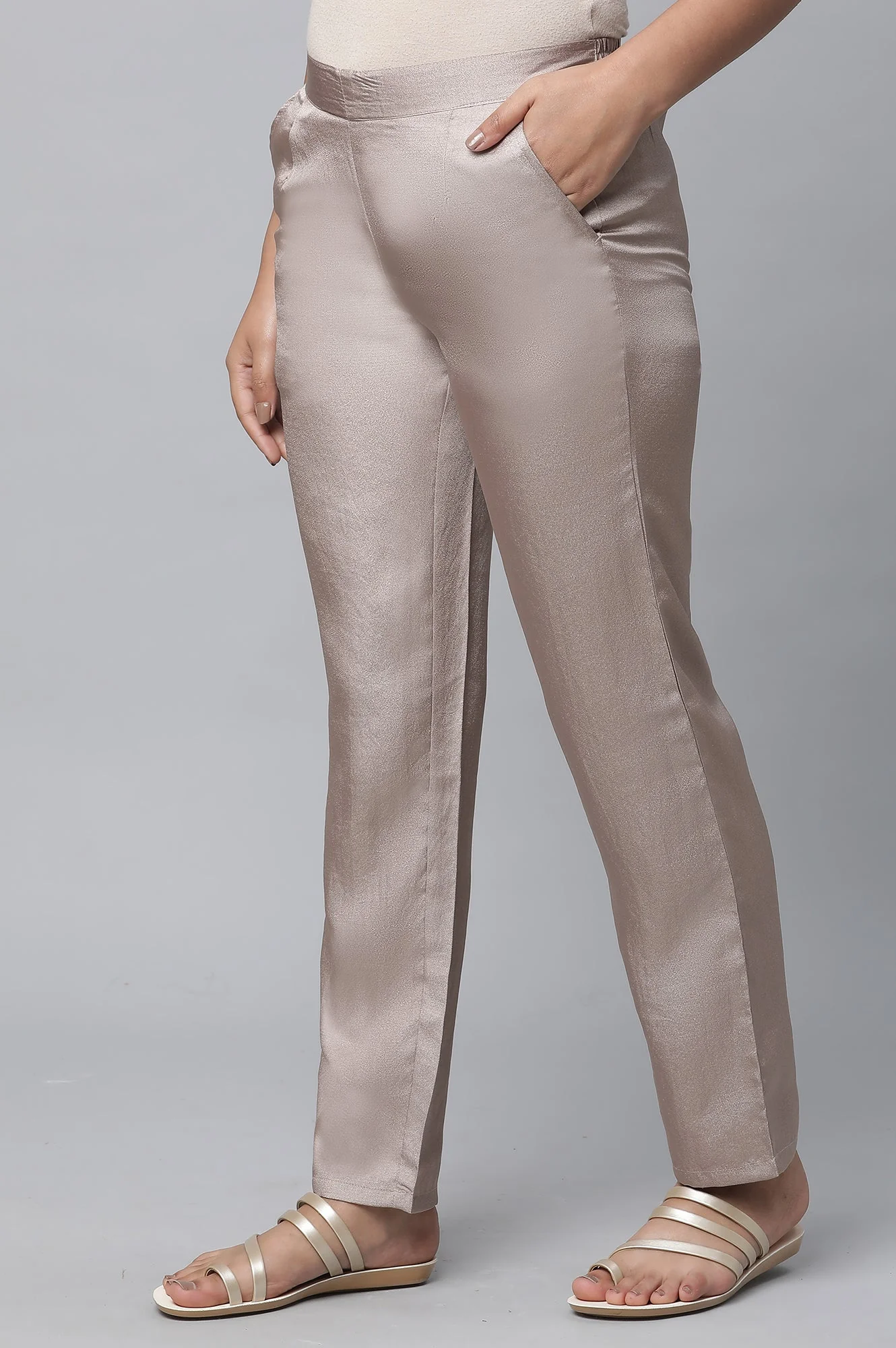 Gold Solid Straight Fit Woven Pants With Elasticated Waist - Image 3
