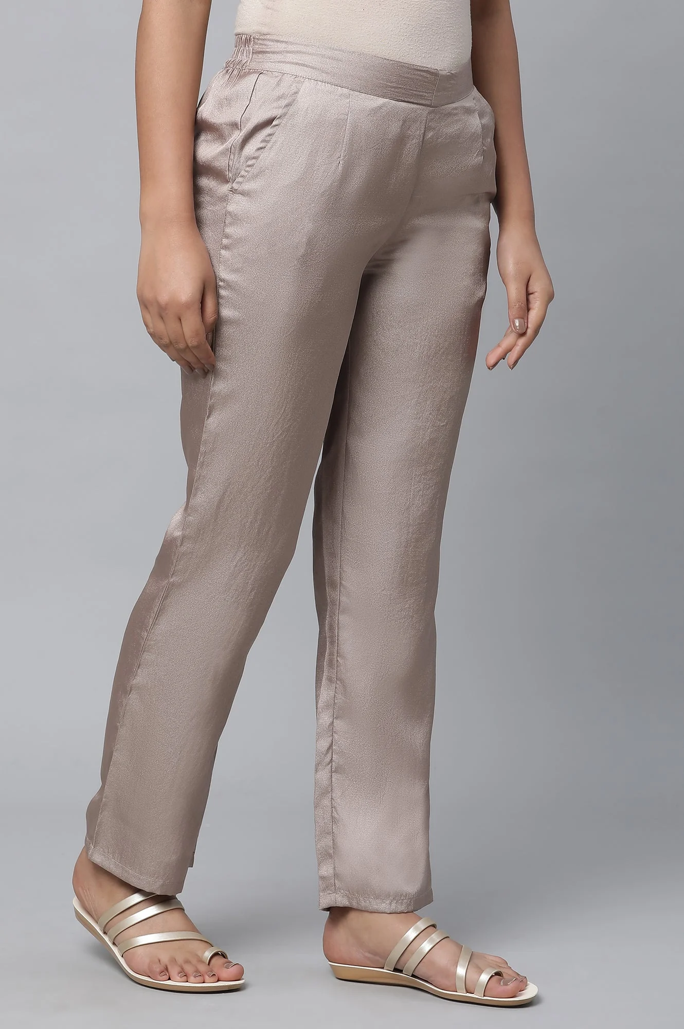 Gold Solid Straight Fit Woven Pants With Elasticated Waist - Image 4
