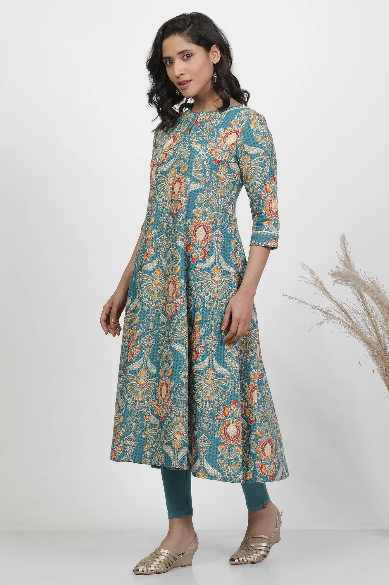 Aqua Blue Floral Printed Flared Kurta - Image 3