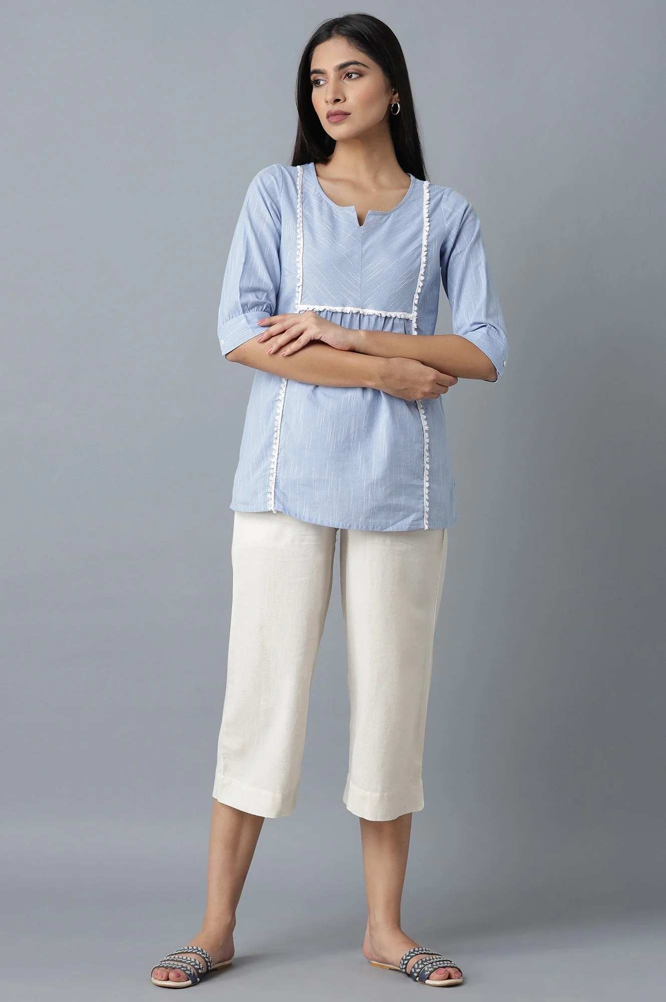 Off White Solid Straight Fit Cotton Culottes With Elasticated Waist - Image 5