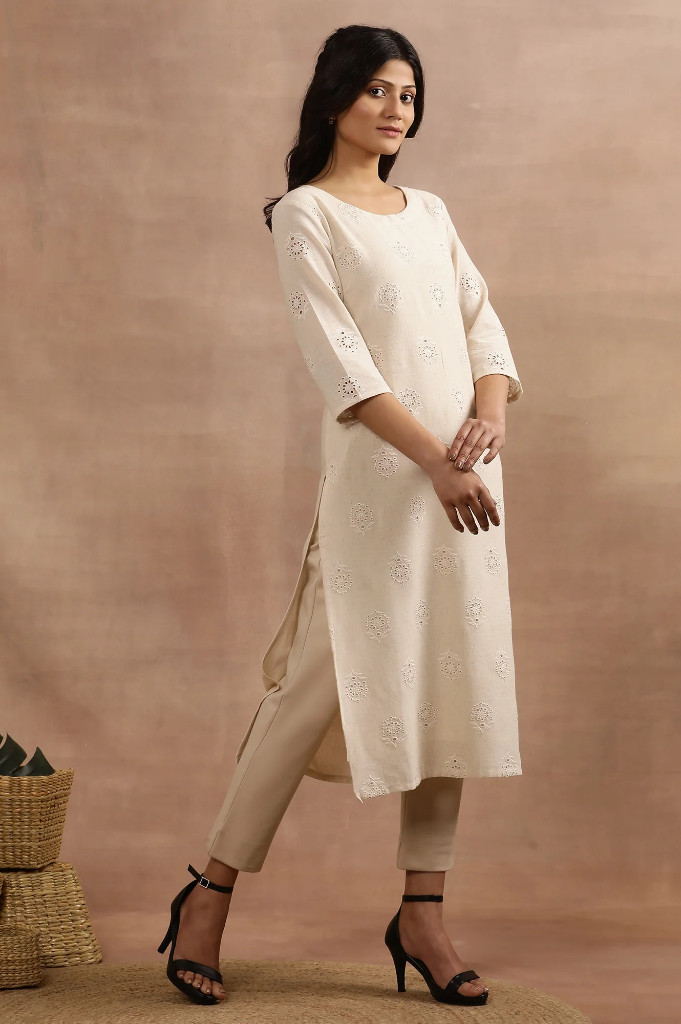 Beige Cotton Schiffli Straight Kurta - Image 5
