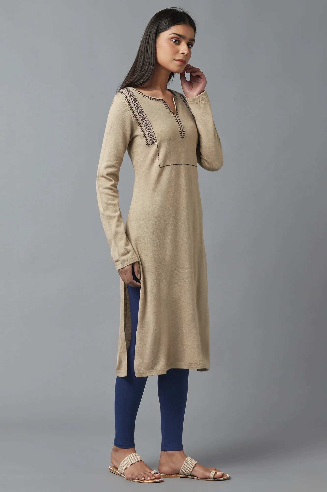 Beige Embroidered Winter Kurta - Image 4