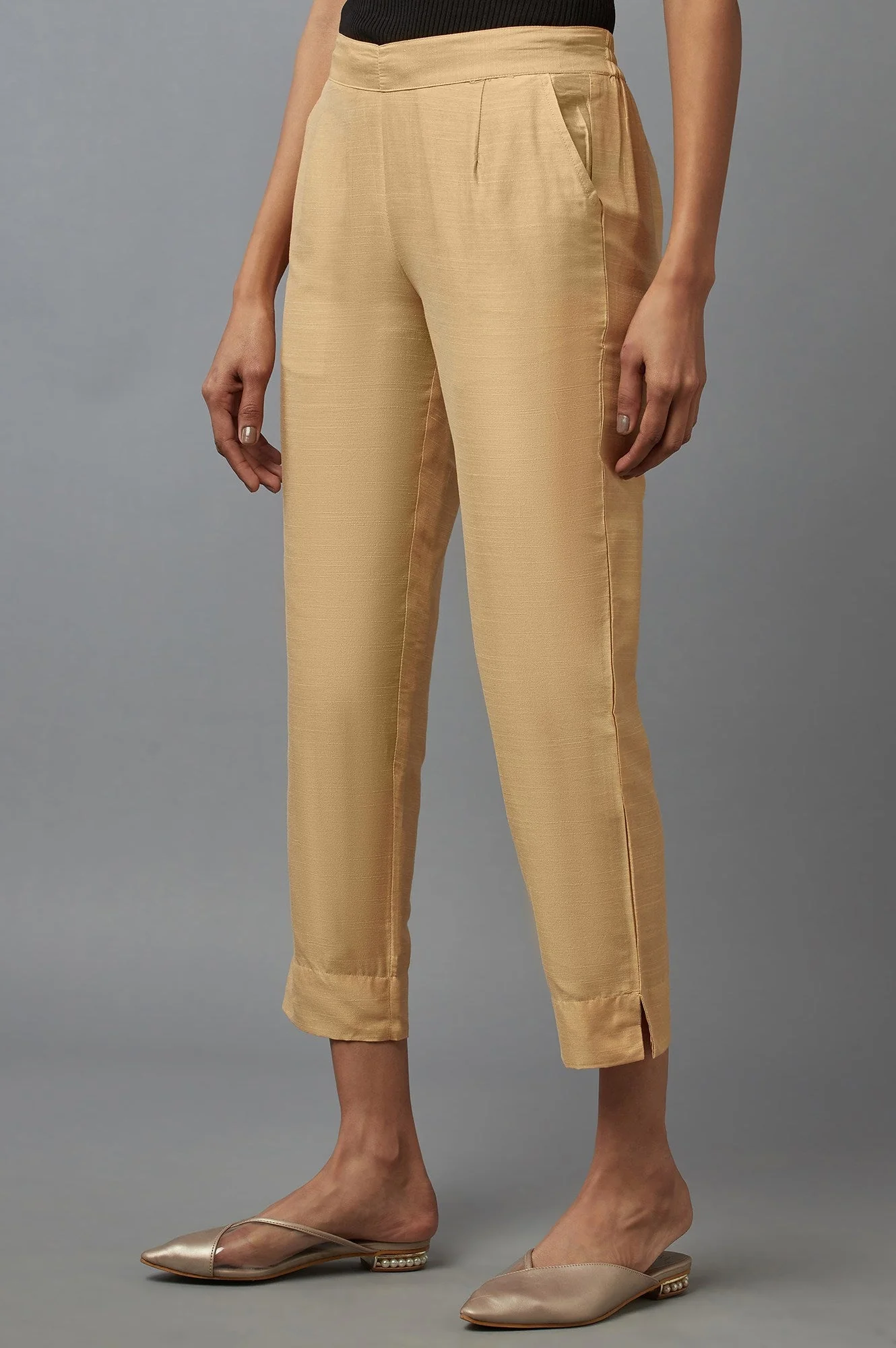 Gold Solid Straight Fit Woven Trousers With Elasticated Waistband - Image 3