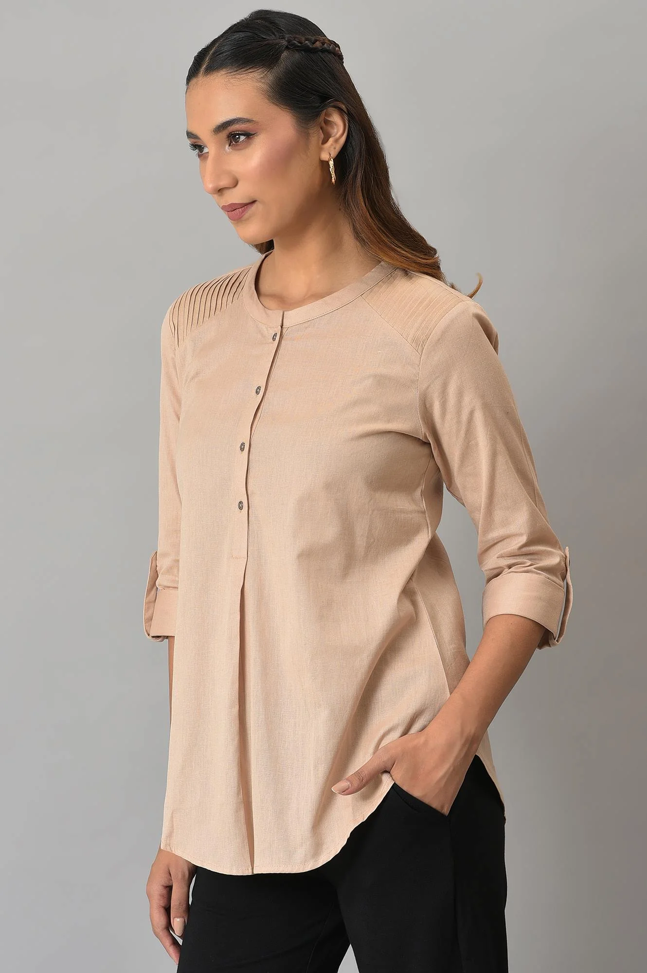 Beige Mandarin Collar Western Top - Image 3