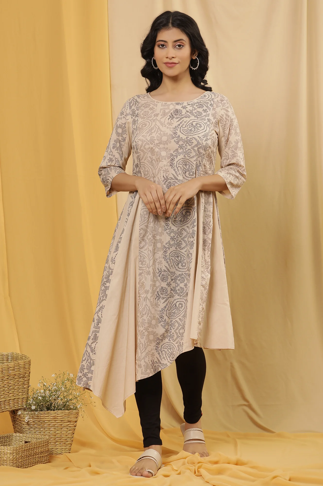 Beige Printed Asymmetrical Kurta And Tights Set - Image 2