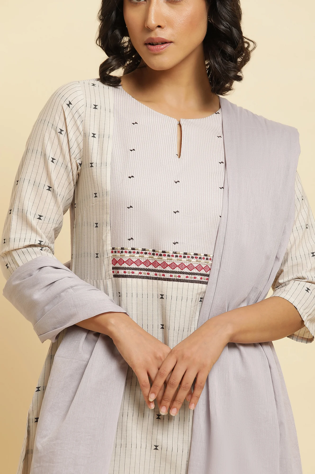 Beige Printed Kurta, Pants And Dupatta Set - Image 6