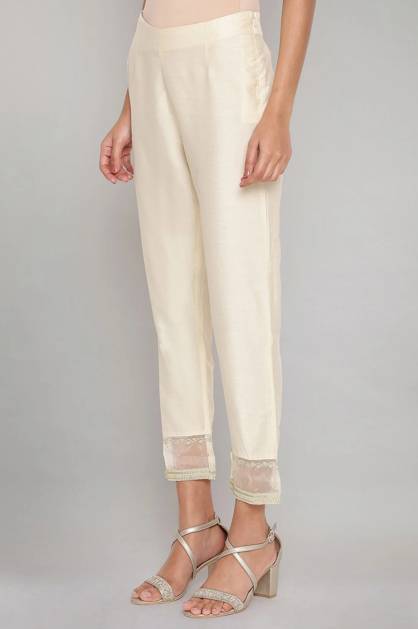 Beige Solid Slim Pants - Image 3