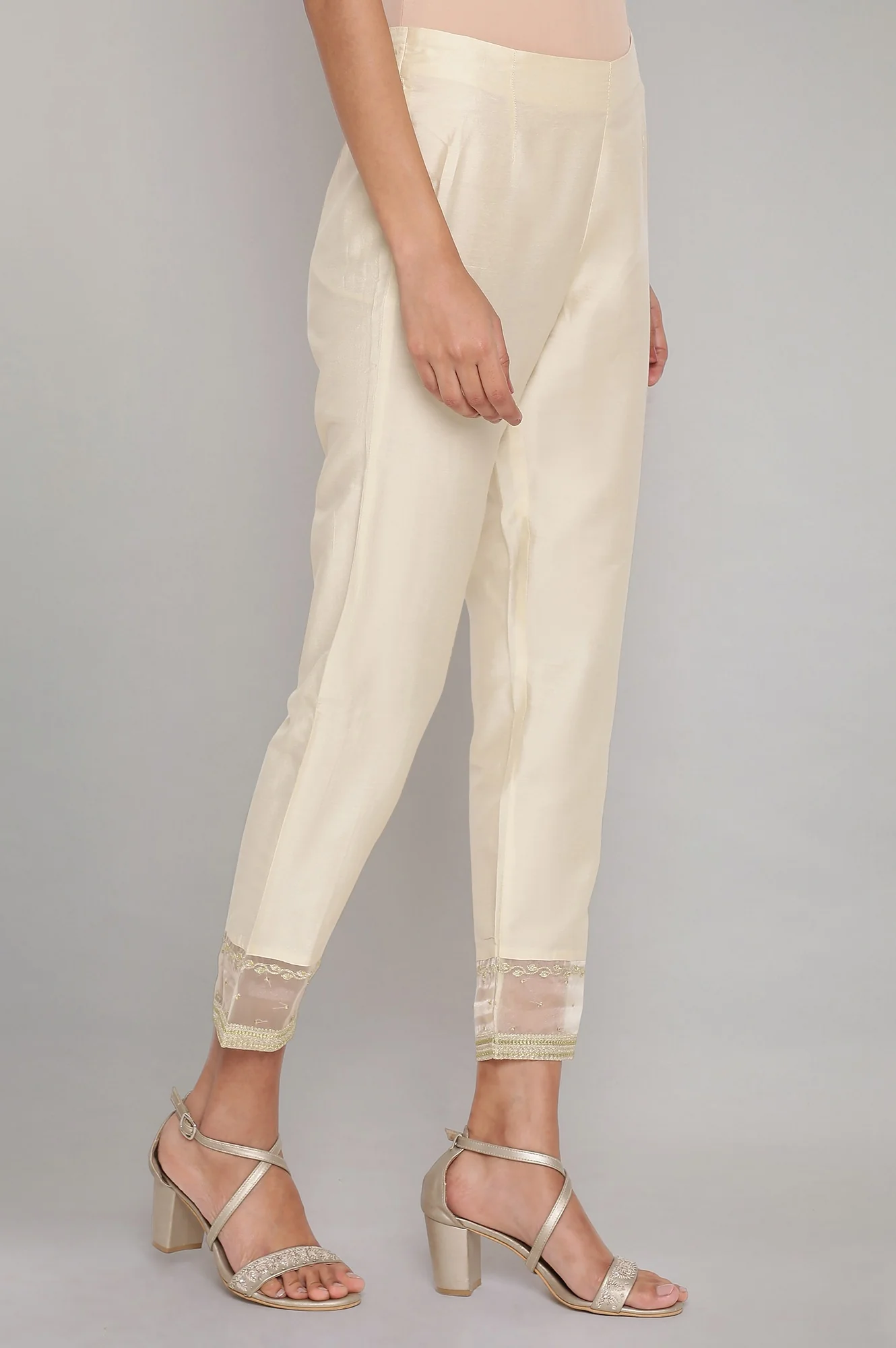 Beige Solid Slim Pants - Image 4